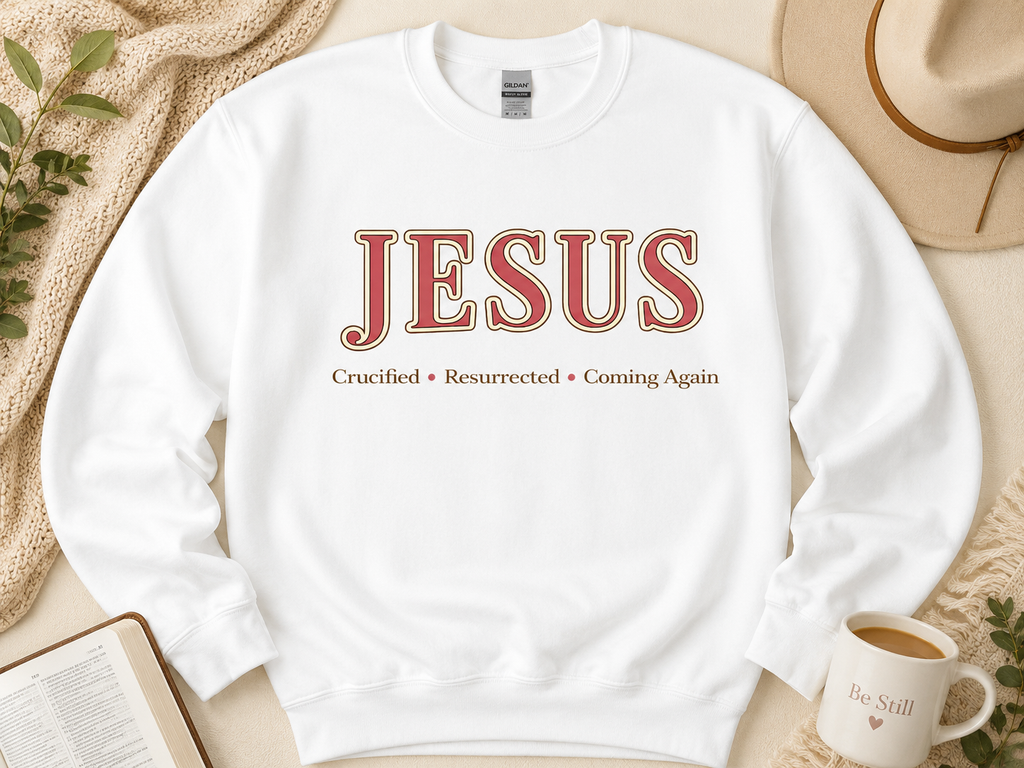 The JESUS Collection Christian Sweatshirt | Cozy Faith-Based Crewneck | Crucified • Resurrected • Coming Again | Christian Gift for Women