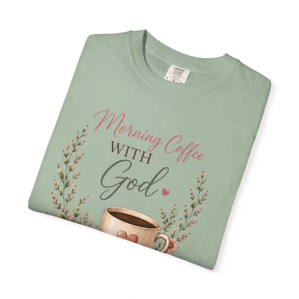 Morning Coffee with God Christian T-Shirt | Faith-Based Graphic Tee | Psalm 5:3 Inspirational Shirt | Bible Study Shirt | Christian Gift for Women