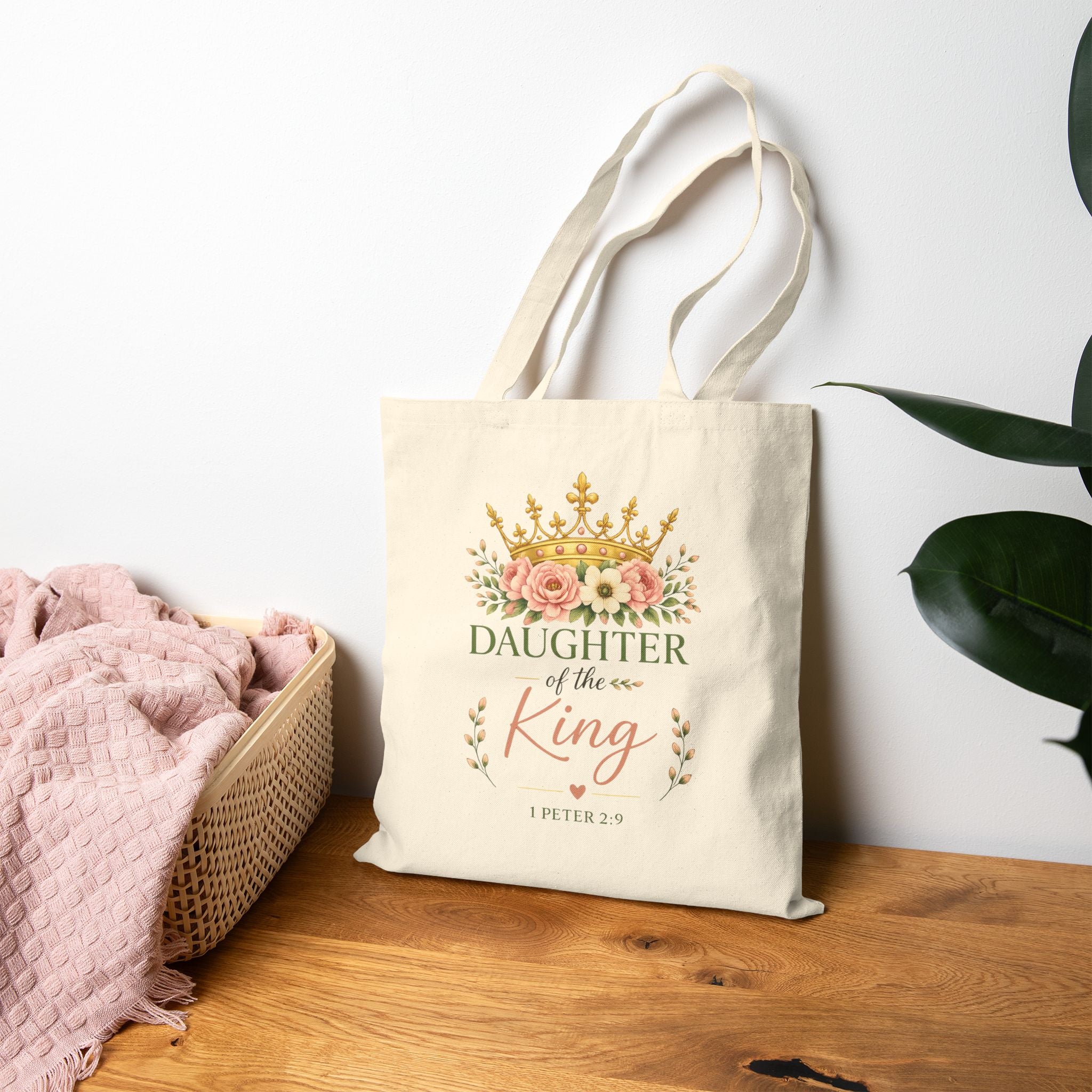 Daughter of the King Christian Tote Bag | 1 Peter 2:9 Floral Canvas Tote | Faith Gift for Women | Bible Verse Reusable Shopping Bag