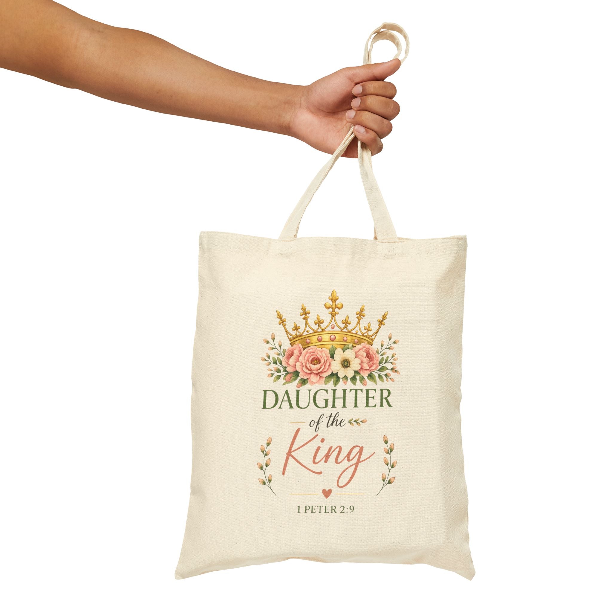 Daughter of the King Christian Tote Bag | 1 Peter 2:9 Floral Canvas Tote | Faith Gift for Women | Bible Verse Reusable Shopping Bag