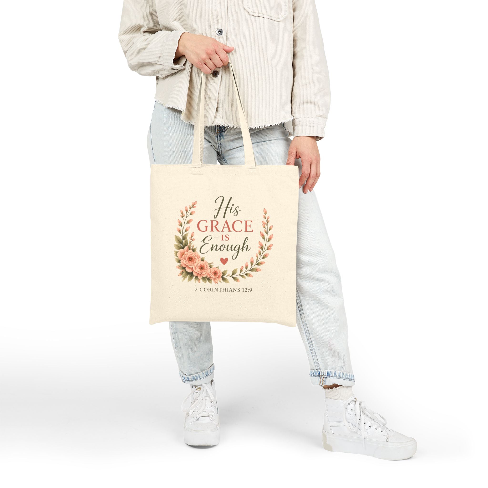 His Grace Is Enough Christian Tote Bag | 2 Corinthians 12:9 Bible Verse Canvas Bag | Christian Gift for Women | Reusable Scripture Tote | Faith Everyday Bag