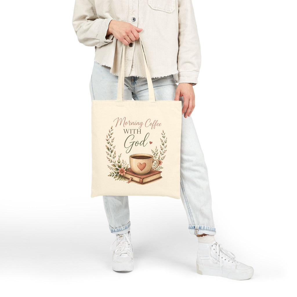 Morning Coffee with God Canvas Tote Bag | Christian Tote Bag | Psalm 5:3 Bible Verse Tote | Faith-Based Gift for Women | Bible Study Bag