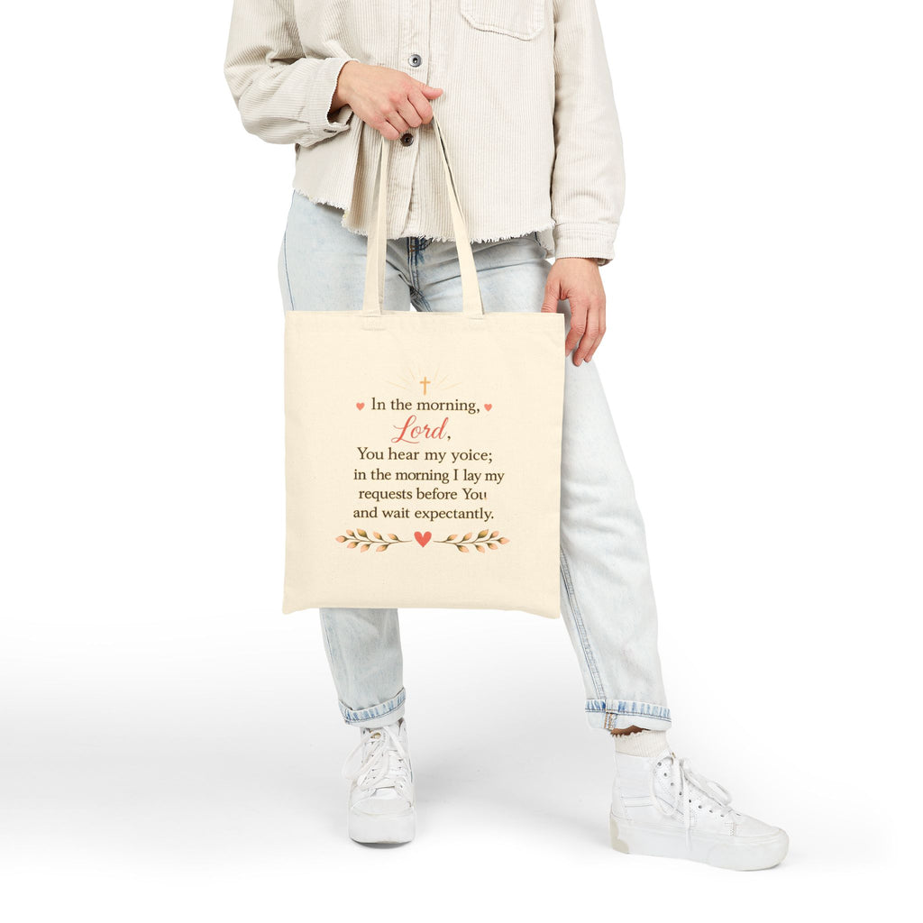 Morning Coffee with God Canvas Tote Bag | Christian Tote Bag | Psalm 5:3 Bible Verse Tote | Faith-Based Gift for Women | Bible Study Bag
