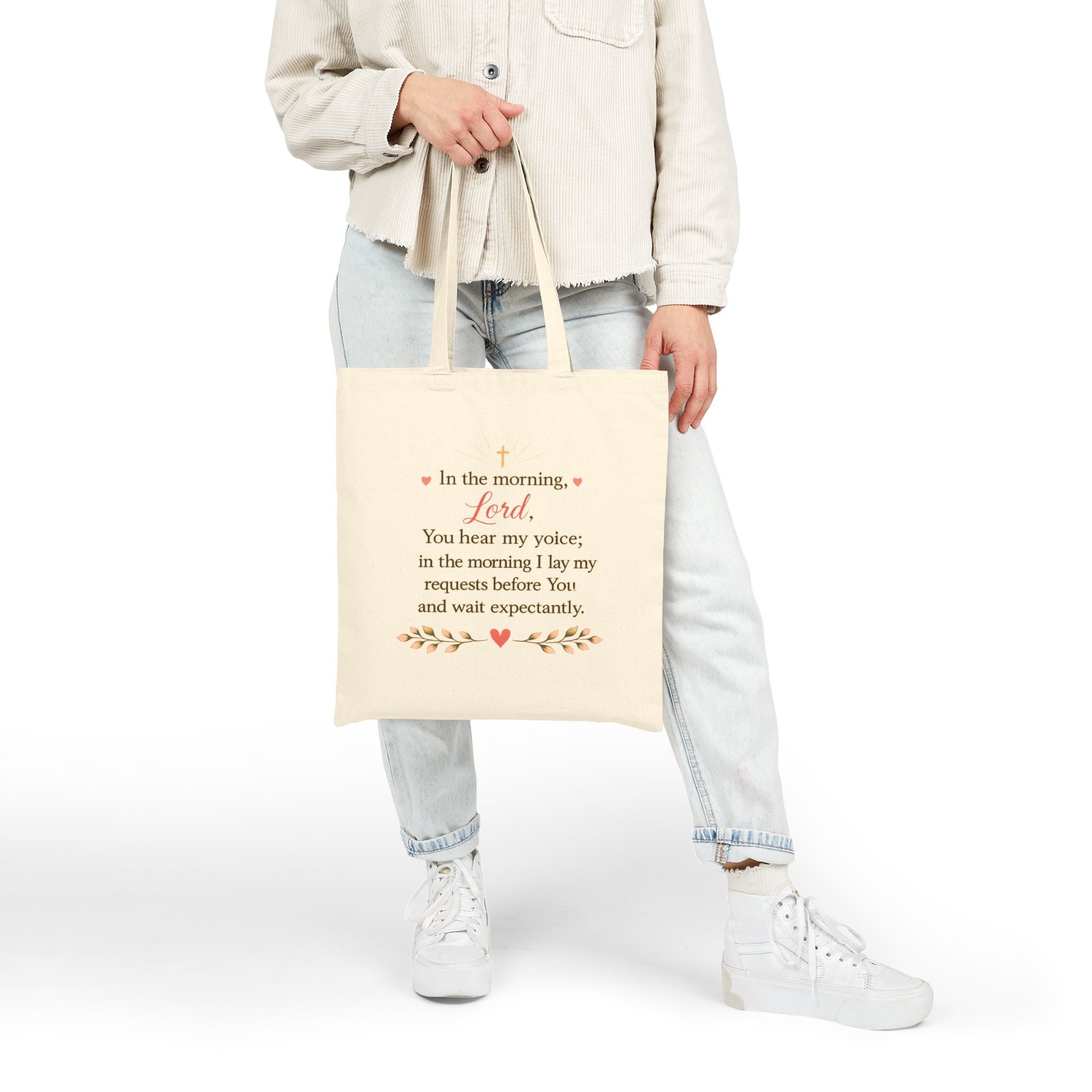 Morning Coffee with God Canvas Tote Bag | Christian Tote Bag | Psalm 5:3 Bible Verse Tote | Faith-Based Gift for Women | Bible Study Bag