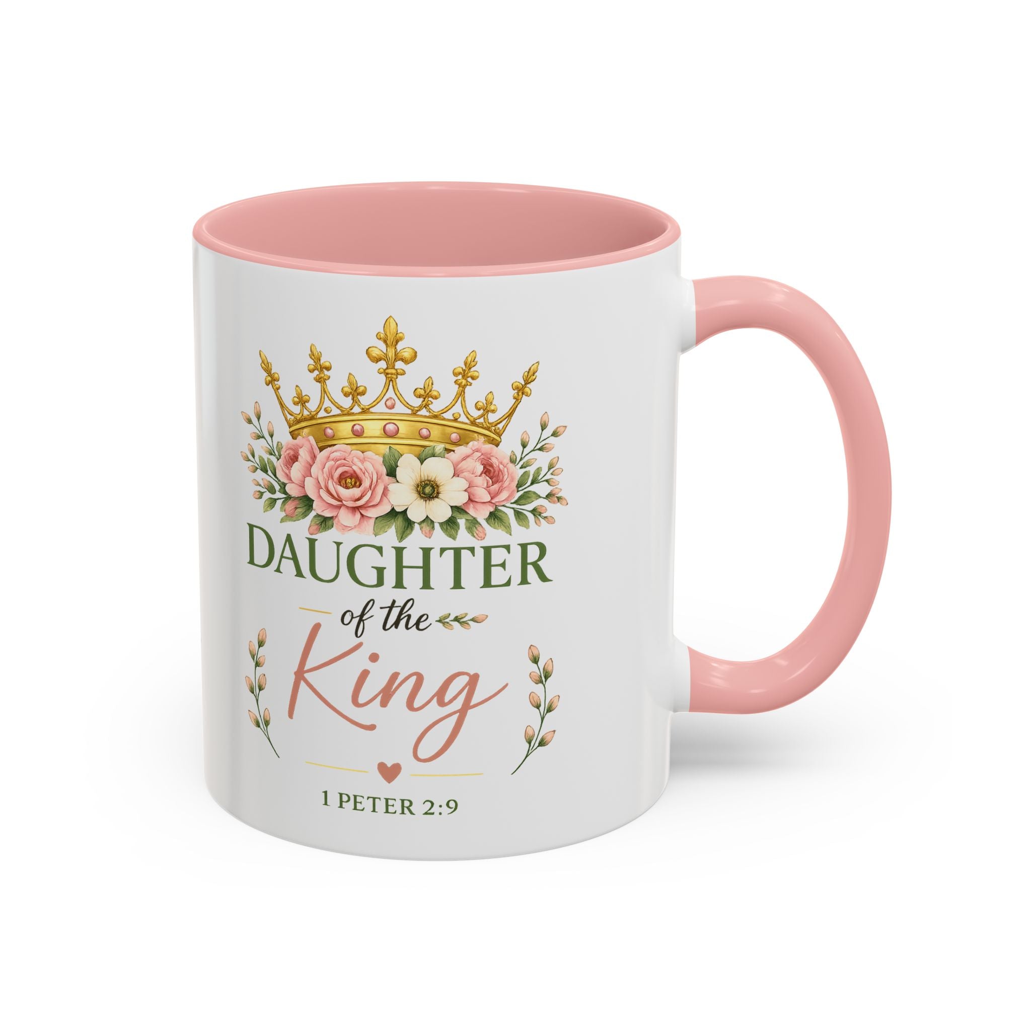 Daughter of the King Accent Coffee Mug | Christian Mug with 1 Peter 2:9 | Faith-Based Gift for Women | Bible Verse Coffee Cup | 11oz & 15oz