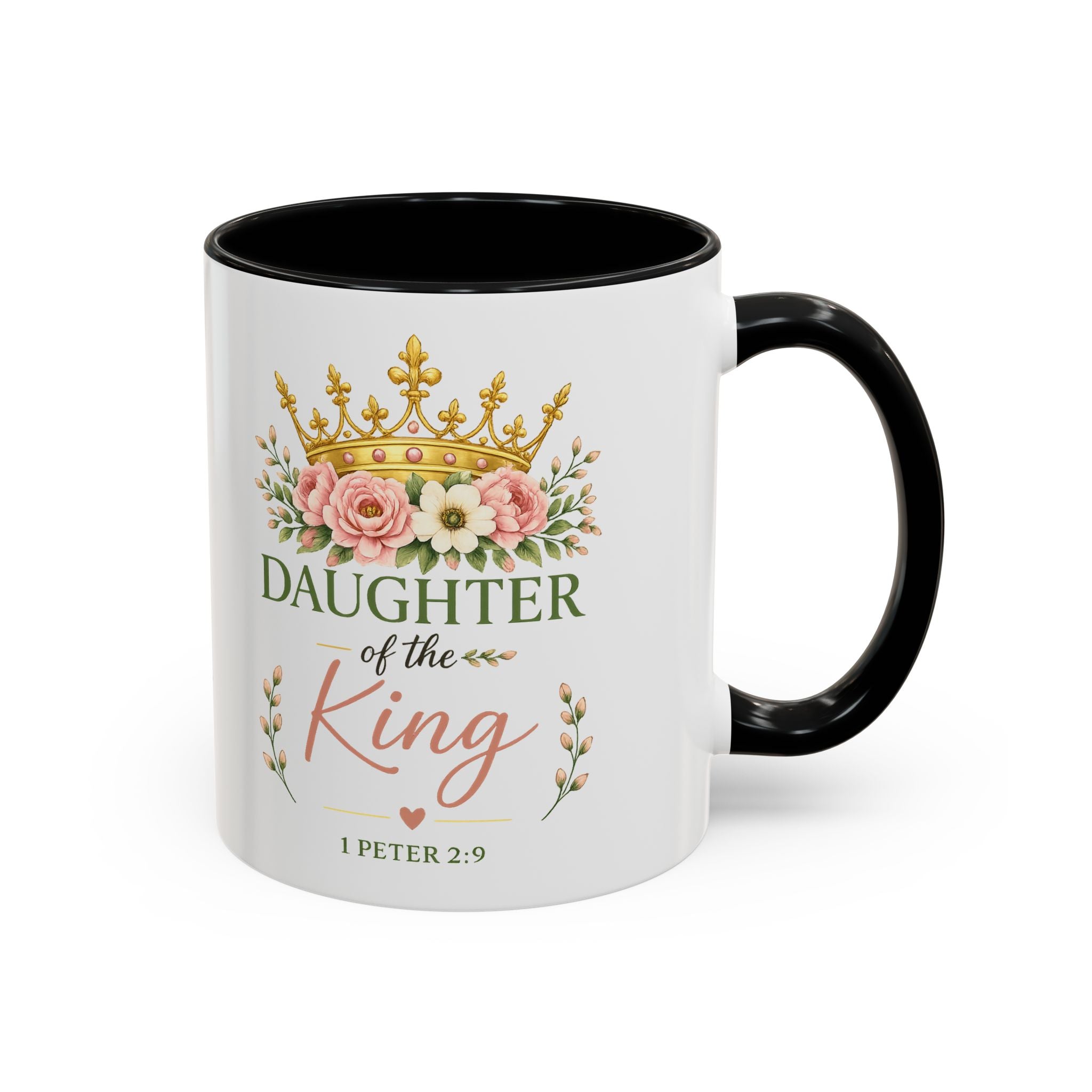 Daughter of the King Accent Coffee Mug | Christian Mug with 1 Peter 2:9 | Faith-Based Gift for Women | Bible Verse Coffee Cup | 11oz & 15oz
