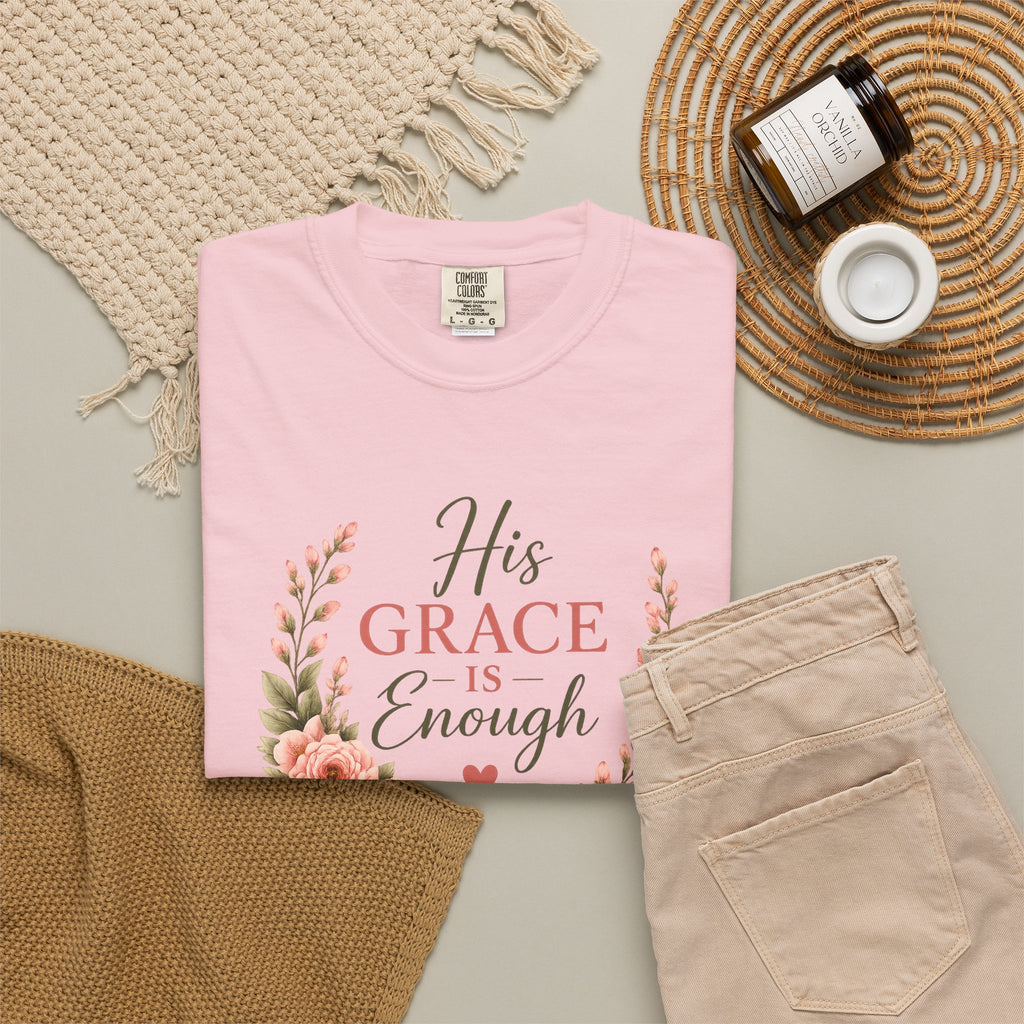 His Grace Is Enough Christian T-Shirt | 2 Corinthians 12:9 | Faith-Based Floral Shirt | Inspirational Bible Verse Tee | Christian Gift for Women