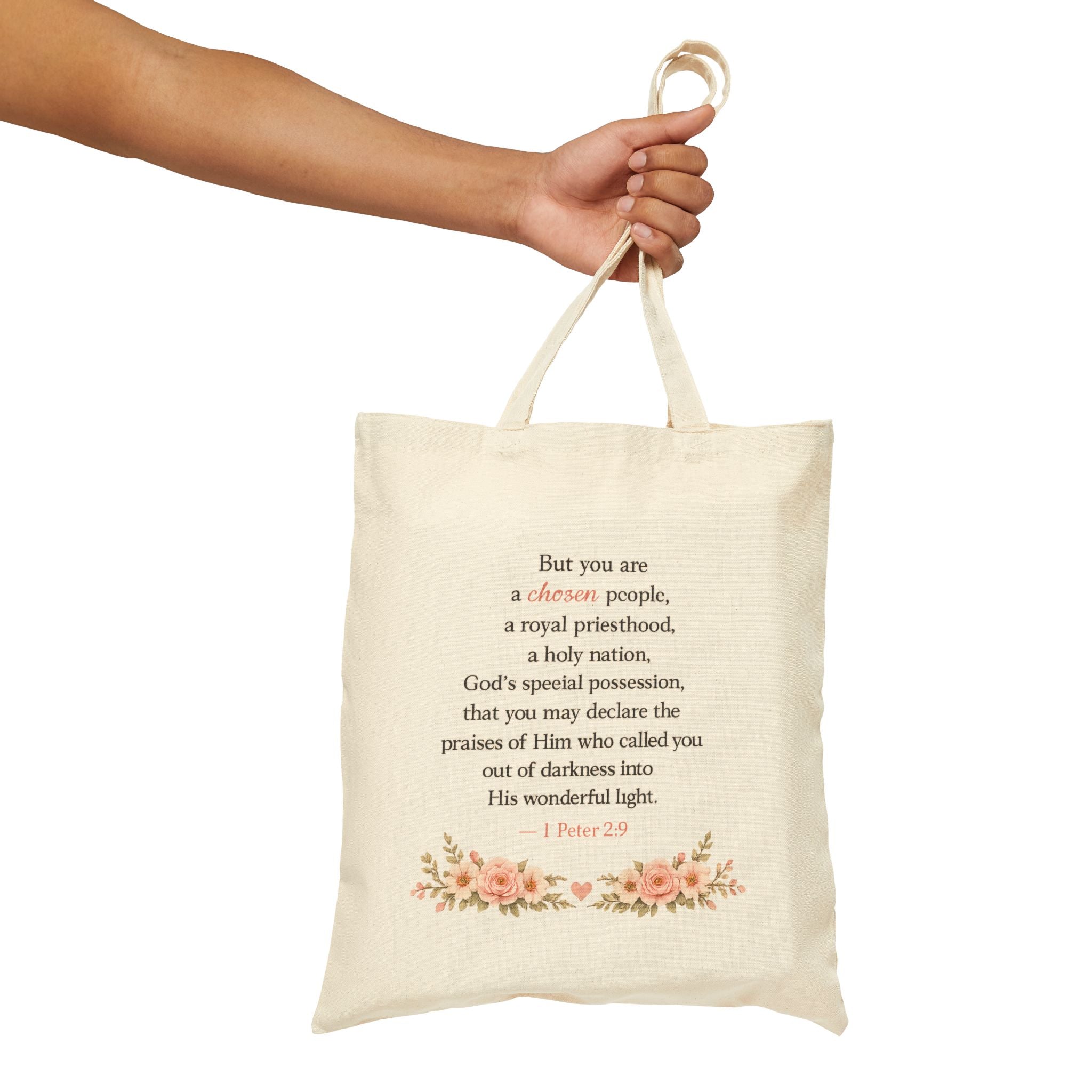 Daughter of the King Christian Tote Bag | 1 Peter 2:9 Floral Canvas Tote | Faith Gift for Women | Bible Verse Reusable Shopping Bag