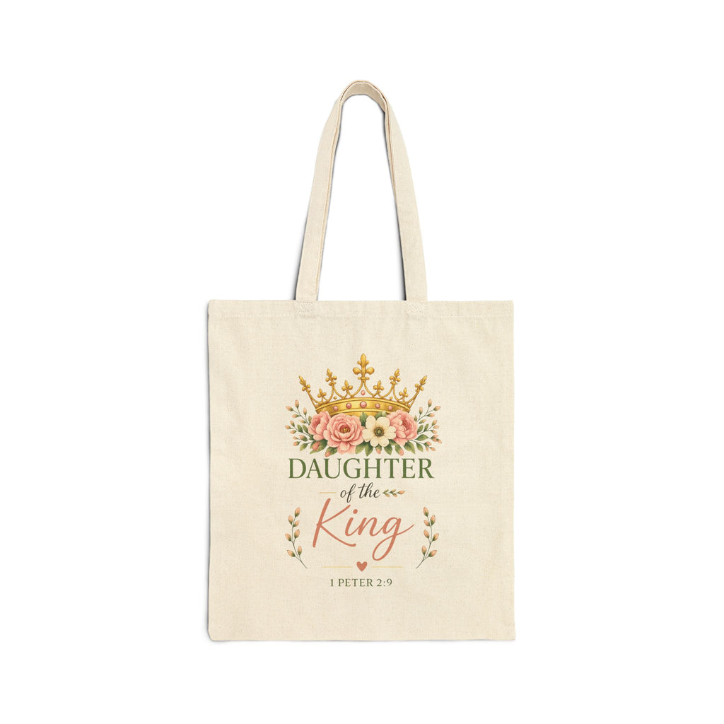 Daughter of the King Christian Tote Bag | 1 Peter 2:9 Floral Canvas Tote | Faith Gift for Women | Bible Verse Reusable Shopping Bag