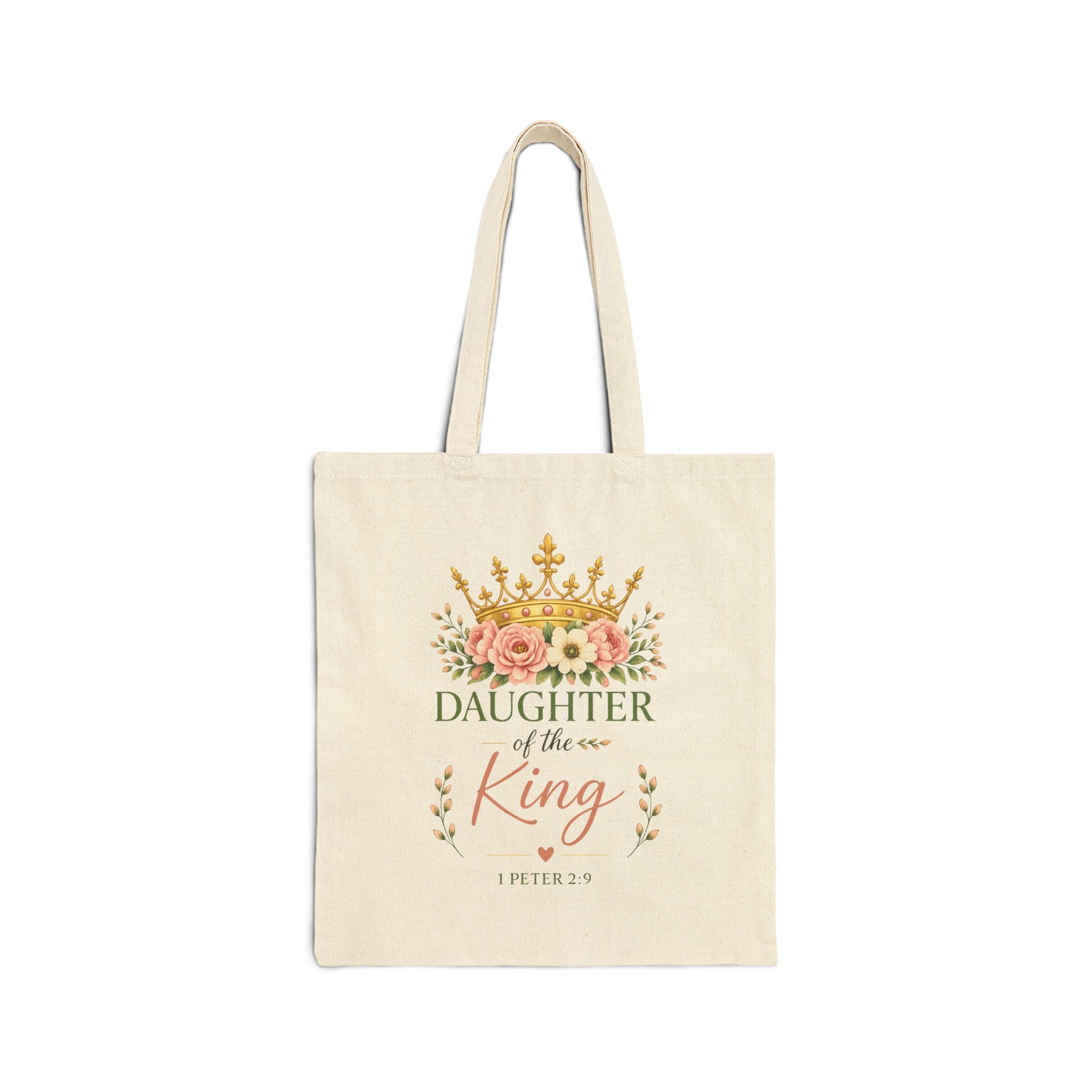 Daughter of the King Christian Tote Bag | 1 Peter 2:9 Floral Canvas Tote | Faith Gift for Women | Bible Verse Reusable Shopping Bag
