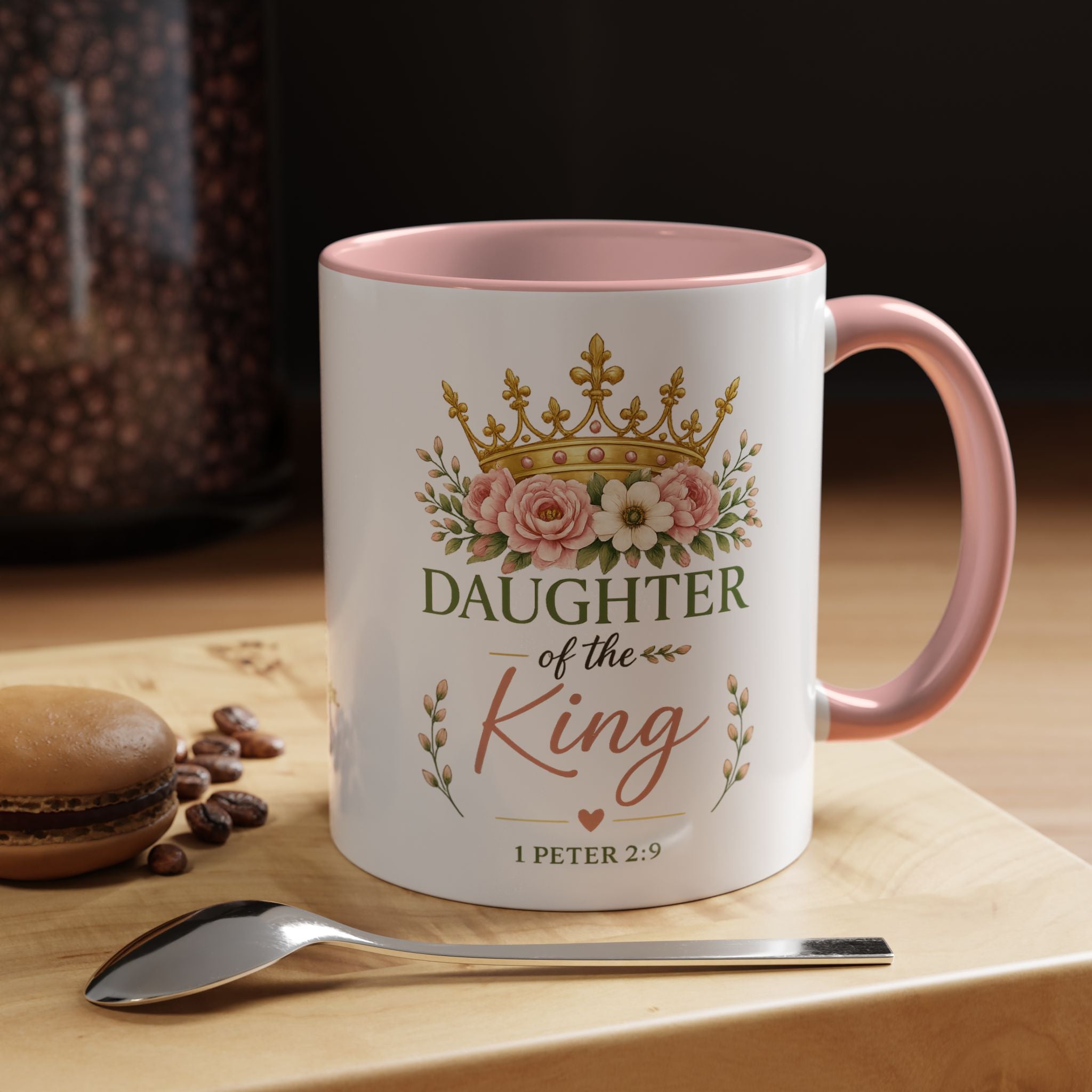 Daughter of the King Accent Coffee Mug | Christian Mug with 1 Peter 2:9 | Faith-Based Gift for Women | Bible Verse Coffee Cup | 11oz & 15oz