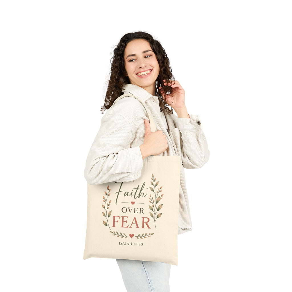 Faith Over Fear Christian Tote Bag | Isaiah 41:10 Scripture Canvas Tote | Bible Study Gift | Still Waters Daily Ministry