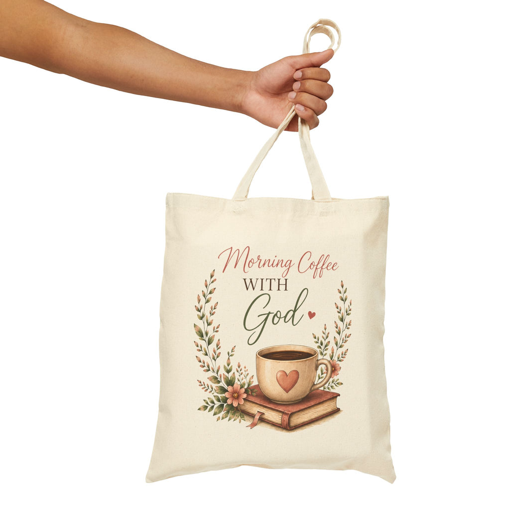Morning Coffee with God Canvas Tote Bag | Christian Tote Bag | Psalm 5:3 Bible Verse Tote | Faith-Based Gift for Women | Bible Study Bag
