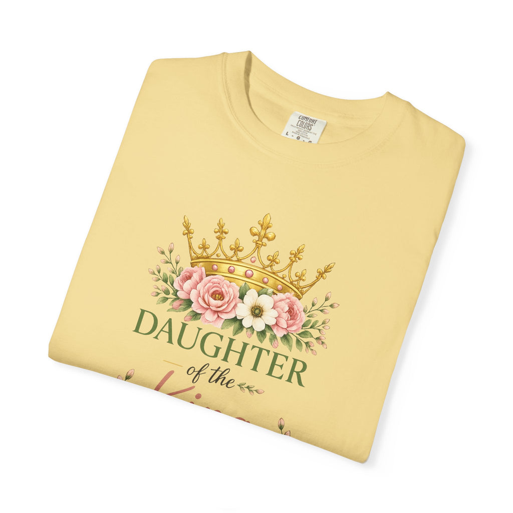 Daughter of the King Comfort Colors® Christian T-Shirt | 1 Peter 2:9 Bible Verse Shirt | Faith-Based Women's Graphic Tee | Floral Crown Christian Gif