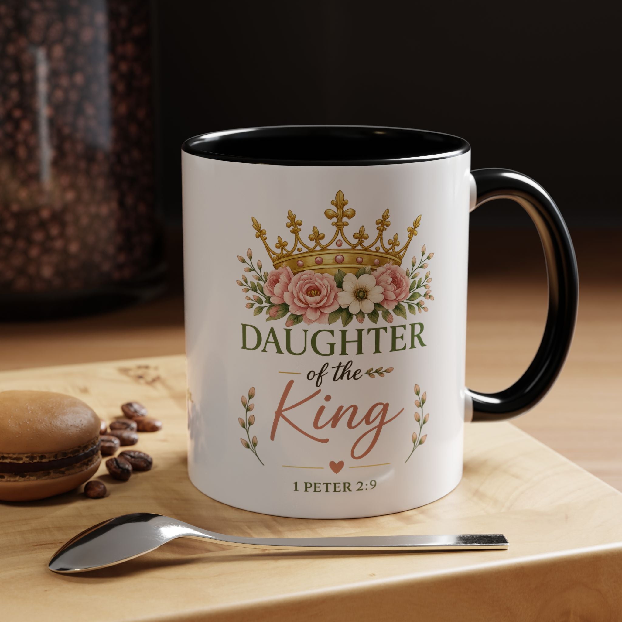 Daughter of the King Accent Coffee Mug | Christian Mug with 1 Peter 2:9 | Faith-Based Gift for Women | Bible Verse Coffee Cup | 11oz & 15oz