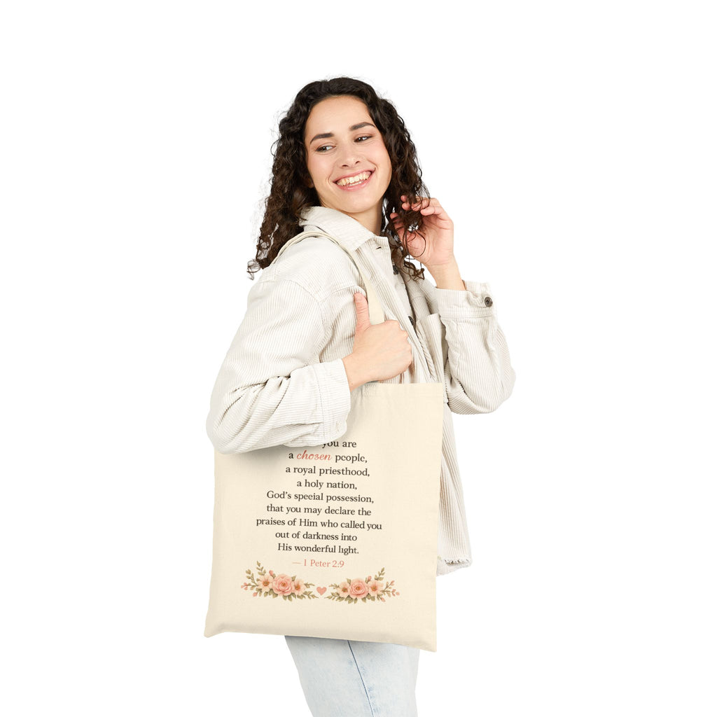 Daughter of the King Christian Tote Bag | 1 Peter 2:9 Floral Canvas Tote | Faith Gift for Women | Bible Verse Reusable Shopping Bag