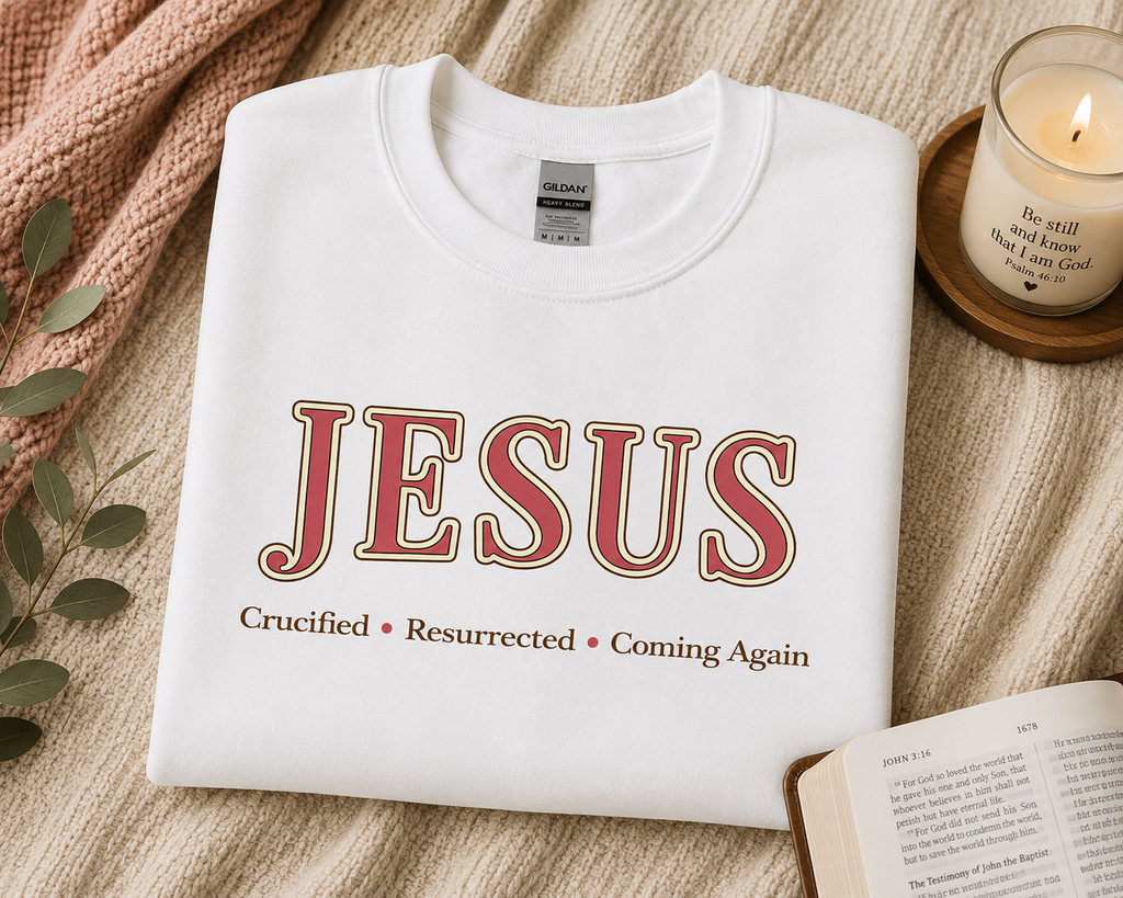 The JESUS Collection Christian Sweatshirt | Cozy Faith-Based Crewneck | Crucified • Resurrected • Coming Again | Christian Gift for Women