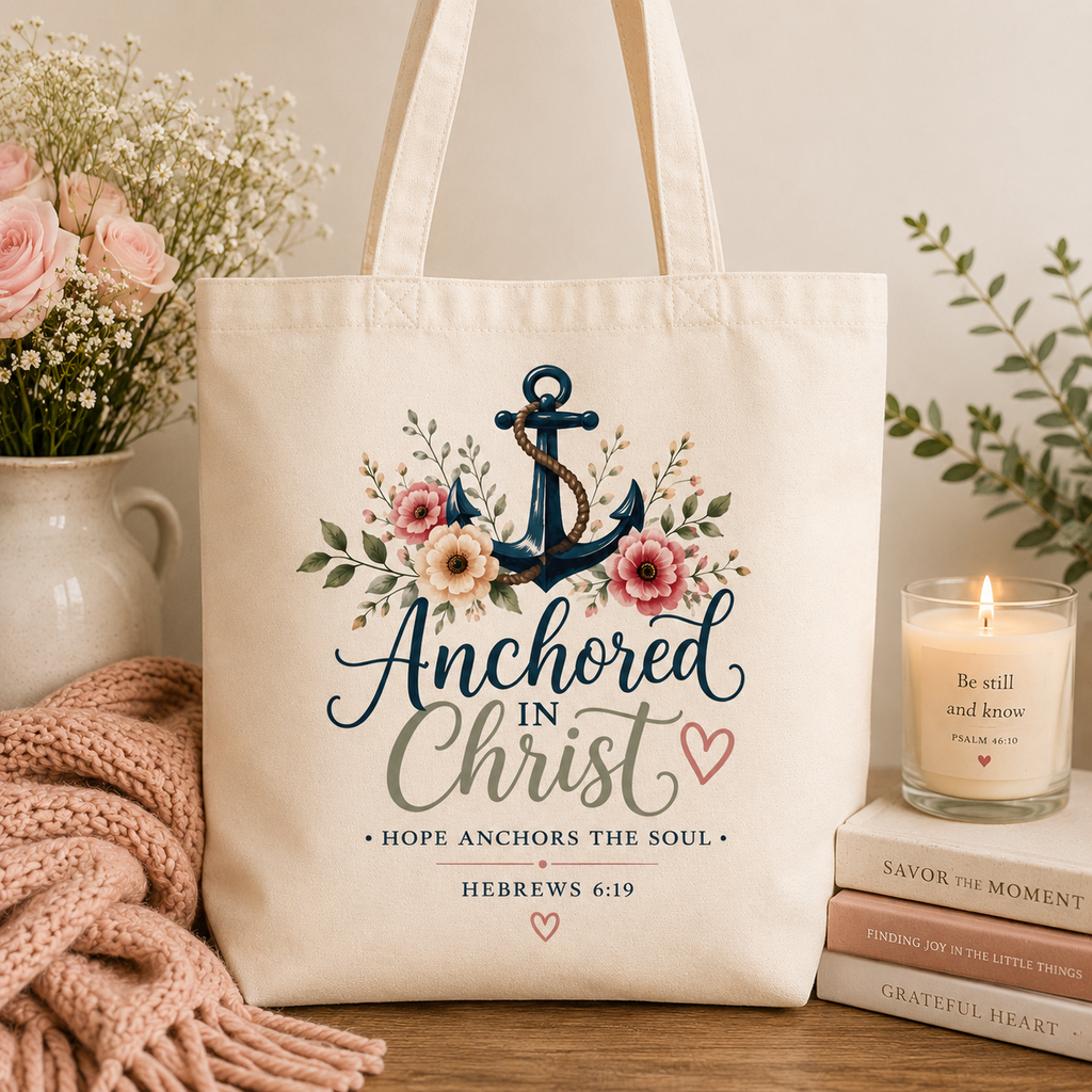 Anchored in Christ Christian Tote Bag | Hebrews 6:19 Scripture Tote | Floral Bible Bag | Reusable Faith Tote | Christian Gift for Women