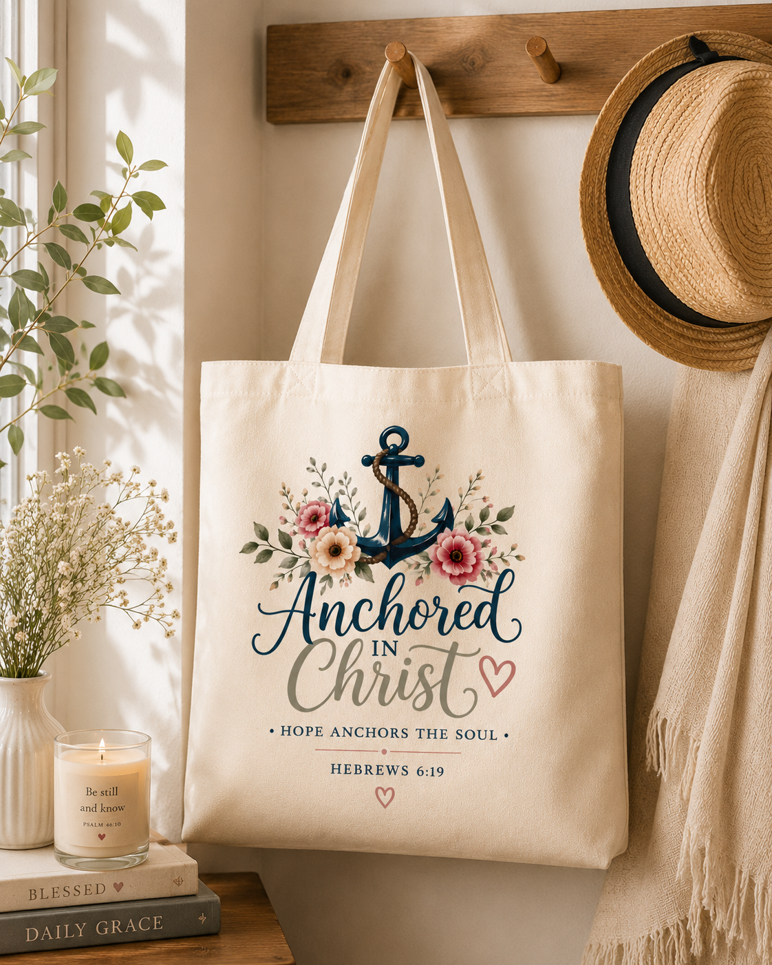 Anchored in Christ Christian Tote Bag | Hebrews 6:19 Scripture Tote | Floral Bible Bag | Reusable Faith Tote | Christian Gift for Women