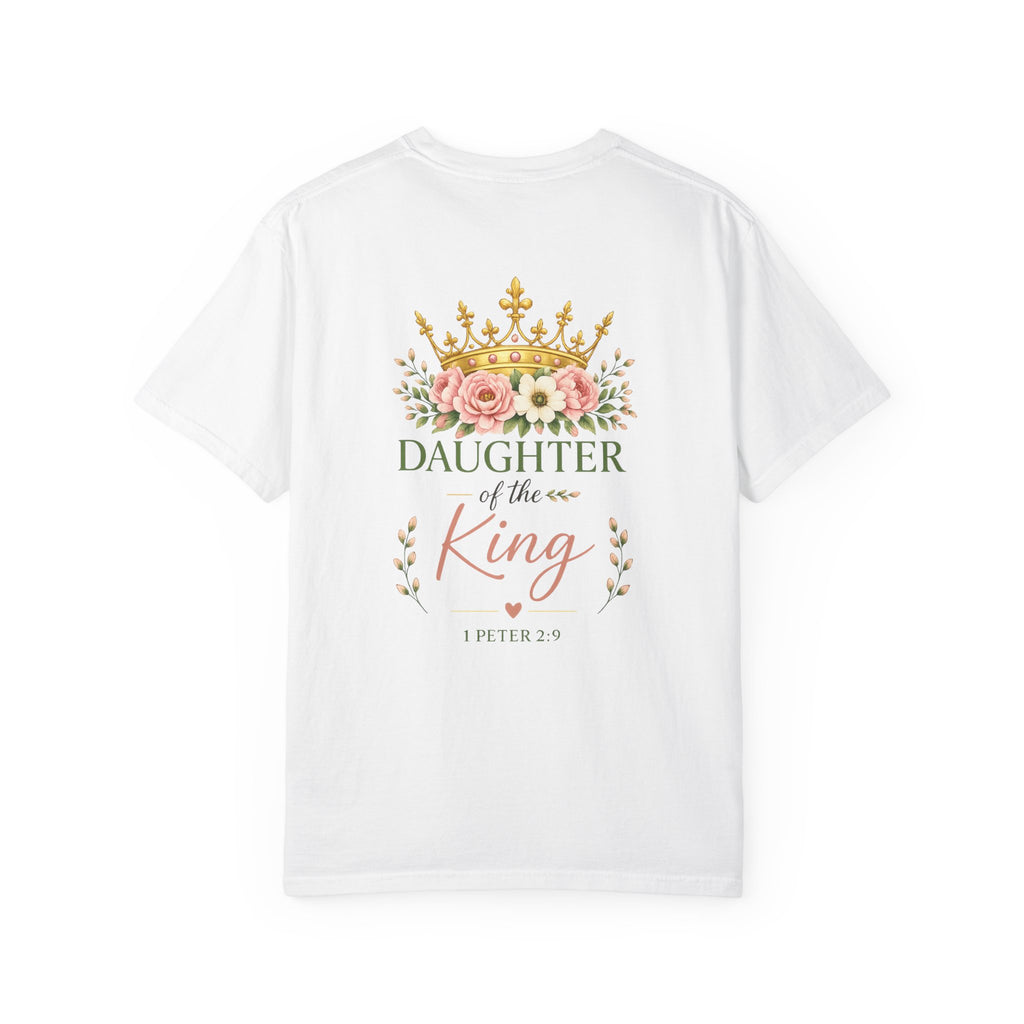 Daughter of the King Comfort Colors® Christian T-Shirt | 1 Peter 2:9 Bible Verse Shirt | Faith-Based Women's Graphic Tee | Floral Crown Christian Gif