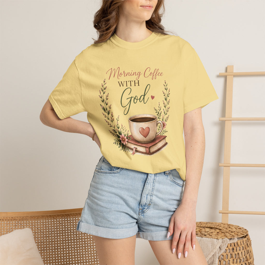 Morning Coffee with God Christian T-Shirt | Faith-Based Graphic Tee | Psalm 5:3 Inspirational Shirt | Bible Study Shirt | Christian Gift for Women