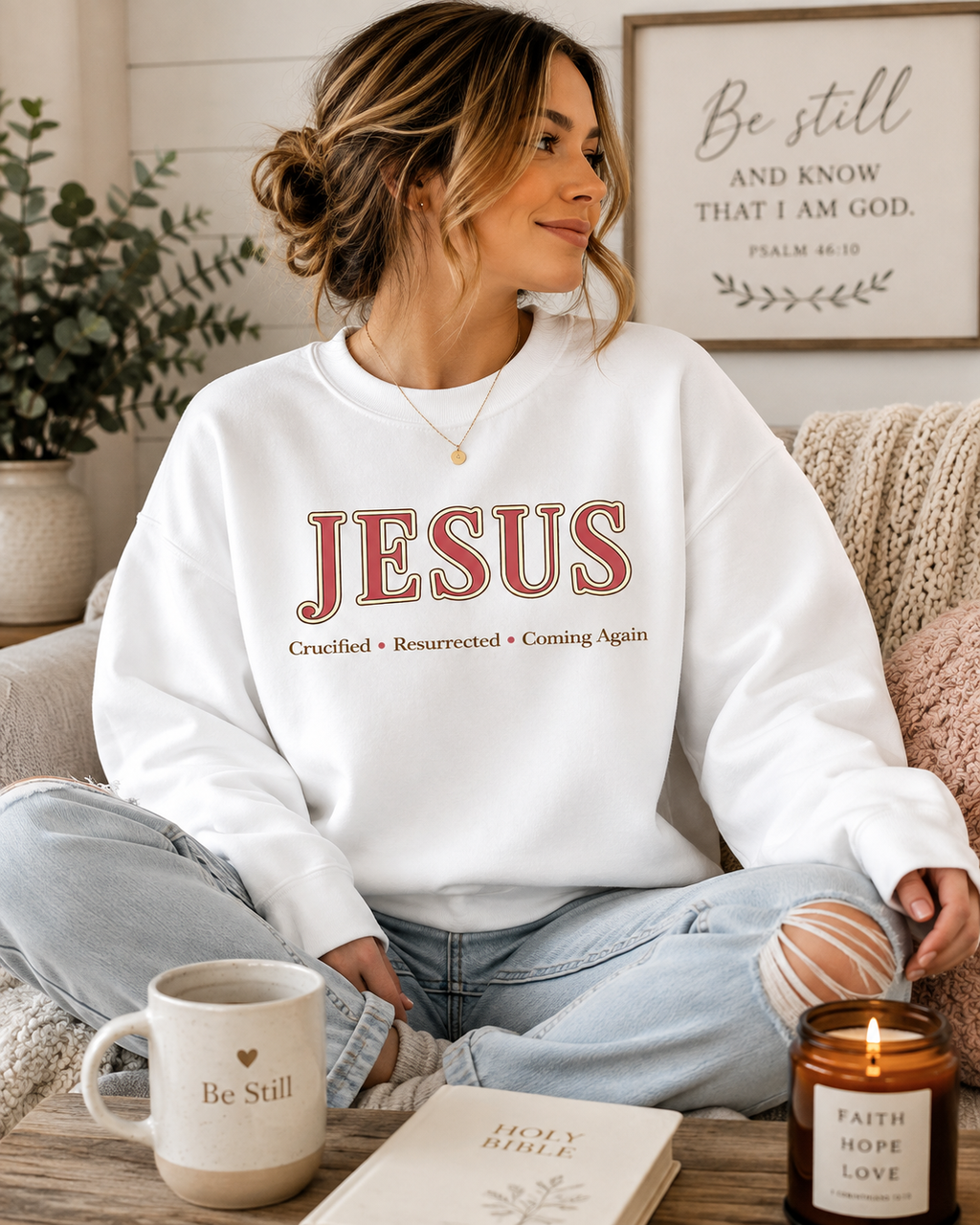 The JESUS Collection Christian Sweatshirt | Cozy Faith-Based Crewneck | Crucified • Resurrected • Coming Again | Christian Gift for Women
