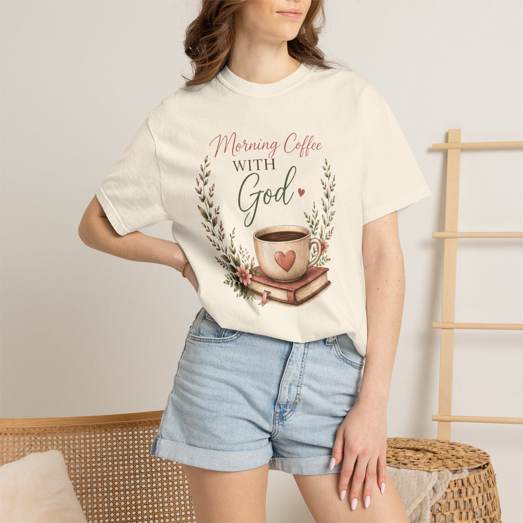 Morning Coffee with God Christian T-Shirt | Faith-Based Graphic Tee | Psalm 5:3 Inspirational Shirt | Bible Study Shirt | Christian Gift for Women