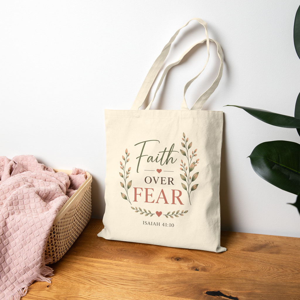 Faith Over Fear Christian Tote Bag | Isaiah 41:10 Scripture Canvas Tote | Bible Study Gift | Still Waters Daily Ministry