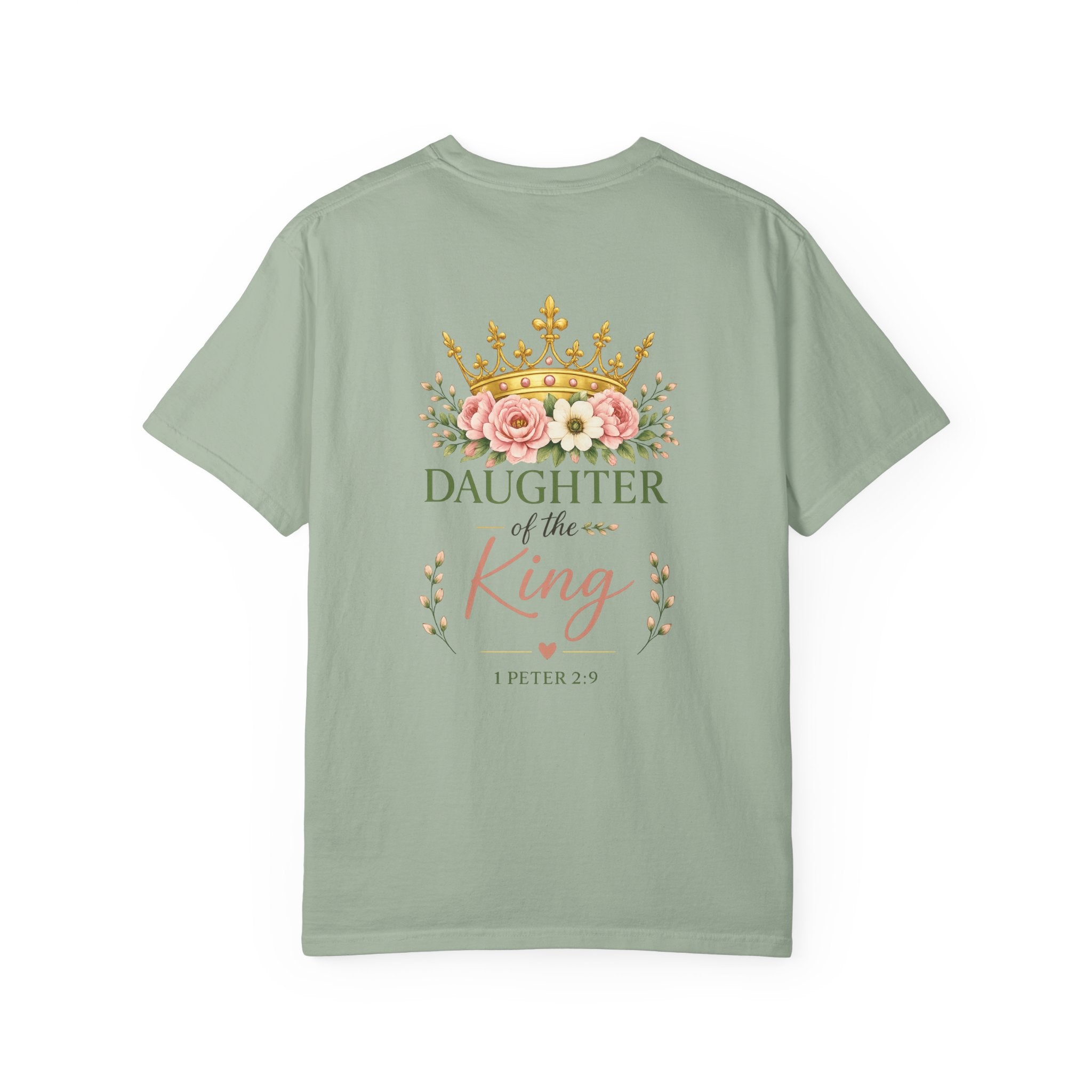 Daughter of the King Comfort Colors® Christian T-Shirt | 1 Peter 2:9 Bible Verse Shirt | Faith-Based Women's Graphic Tee | Floral Crown Christian Gif
