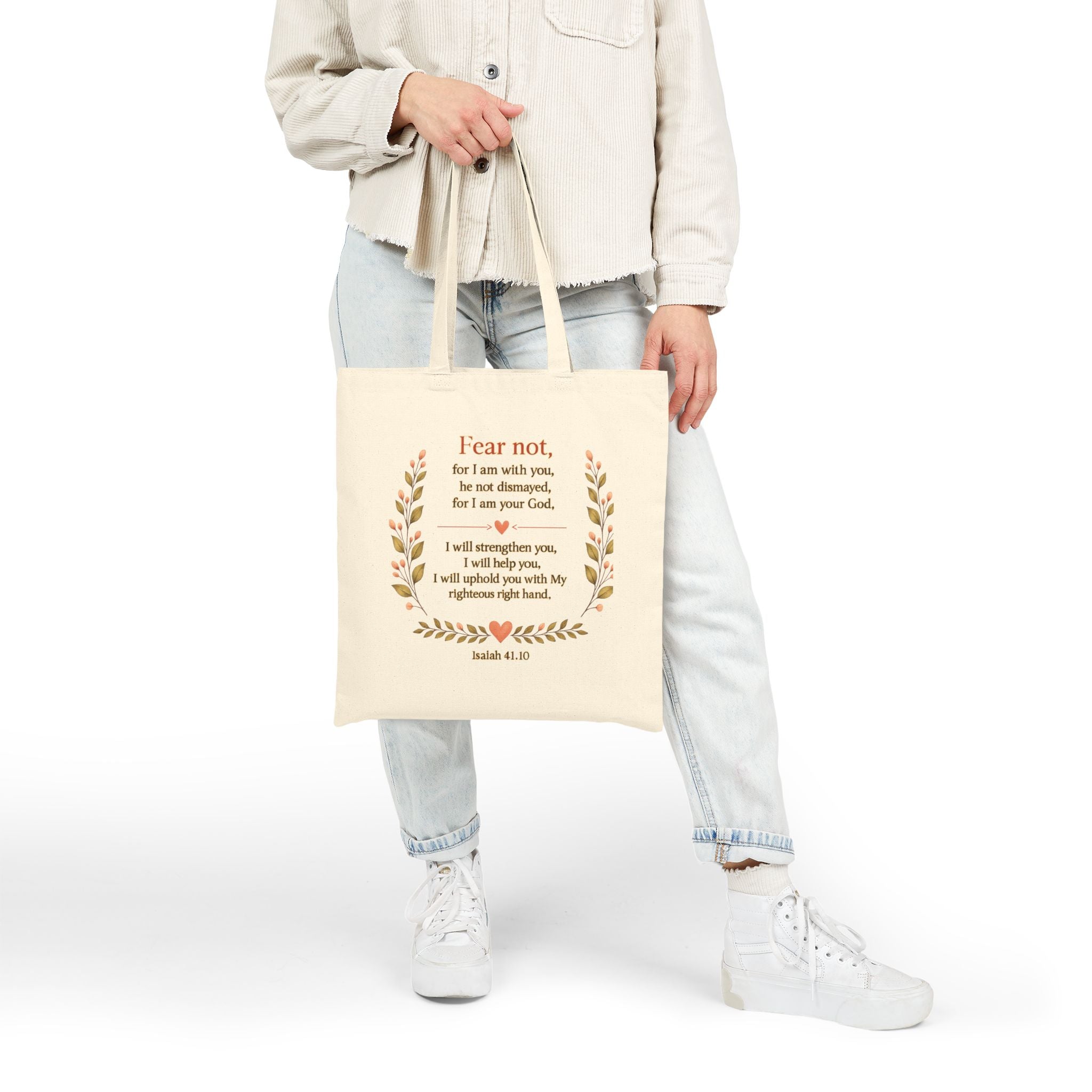 Faith Over Fear Christian Tote Bag | Isaiah 41:10 Scripture Canvas Tote | Bible Study Gift | Still Waters Daily Ministry