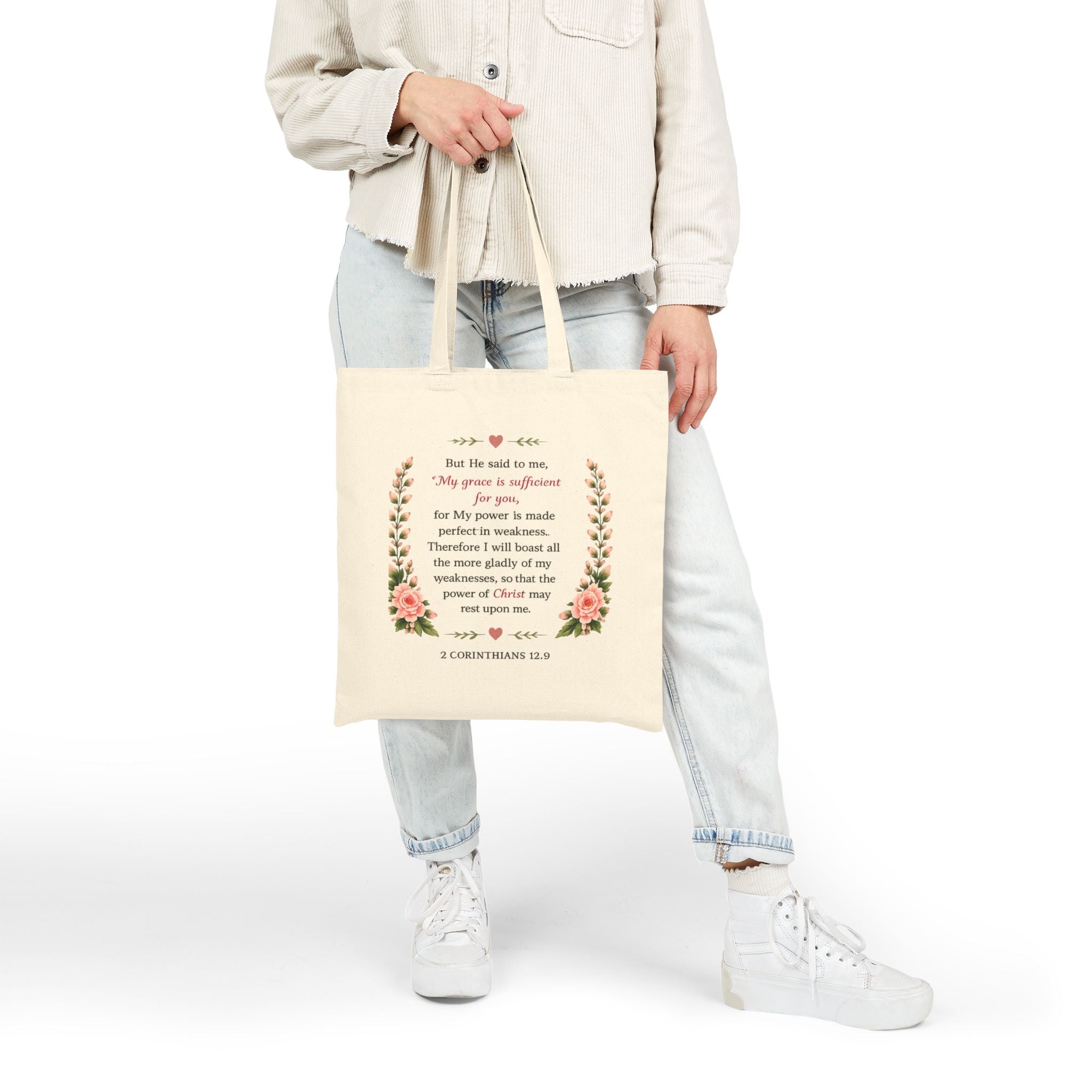 His Grace Is Enough Christian Tote Bag | 2 Corinthians 12:9 Bible Verse Canvas Bag | Christian Gift for Women | Reusable Scripture Tote | Faith Everyday Bag