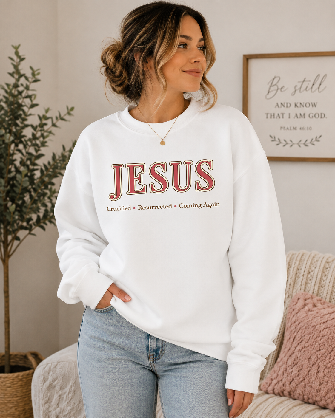 The JESUS Collection Christian Sweatshirt | Cozy Faith-Based Crewneck | Crucified • Resurrected • Coming Again | Christian Gift for Women