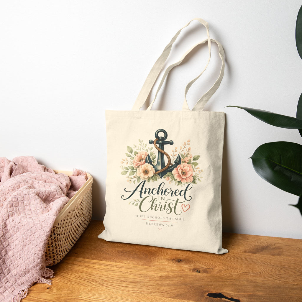 Anchored in Christ Christian Tote Bag | Hebrews 6:19 Scripture Tote | Floral Bible Bag | Reusable Faith Tote | Christian Gift for Women