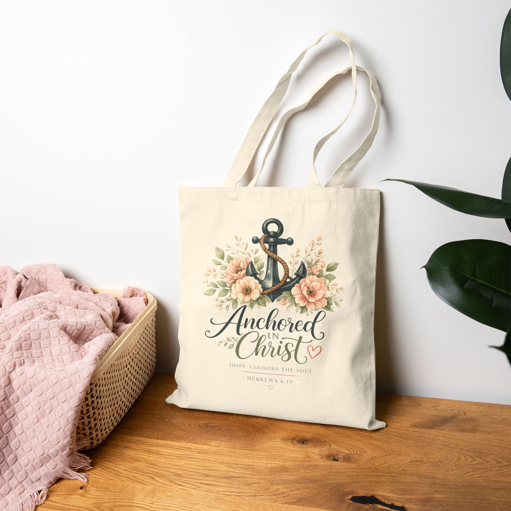 Anchored in Christ Christian Tote Bag | Hebrews 6:19 Scripture Tote | Floral Bible Bag | Reusable Faith Tote | Christian Gift for Women
