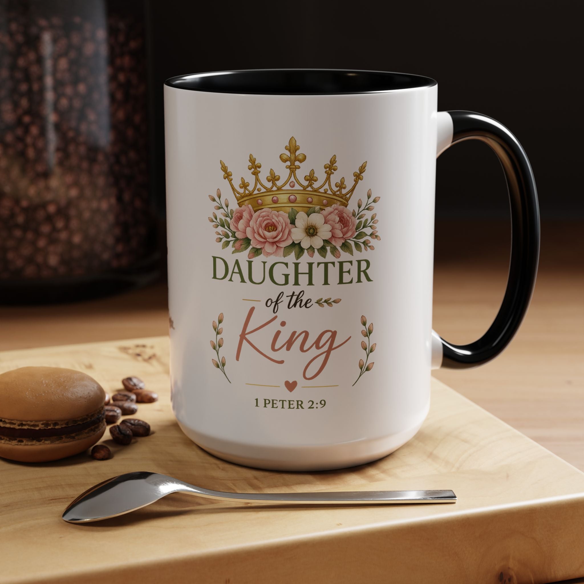 Daughter of the King Accent Coffee Mug | Christian Mug with 1 Peter 2:9 | Faith-Based Gift for Women | Bible Verse Coffee Cup | 11oz & 15oz