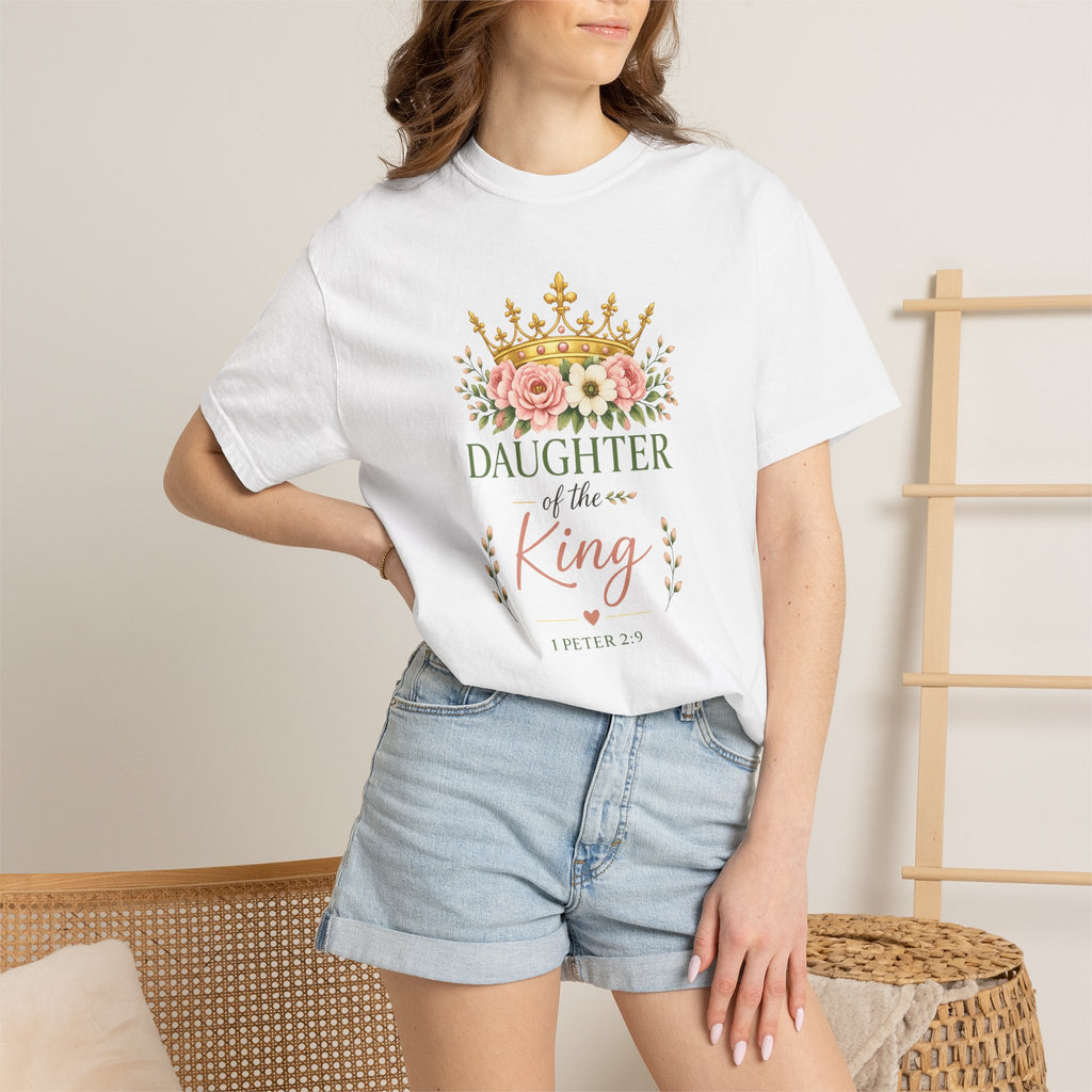 Daughter of the King Comfort Colors® Christian T-Shirt | 1 Peter 2:9 Bible Verse Shirt | Faith-Based Women's Graphic Tee | Floral Crown Christian Gif