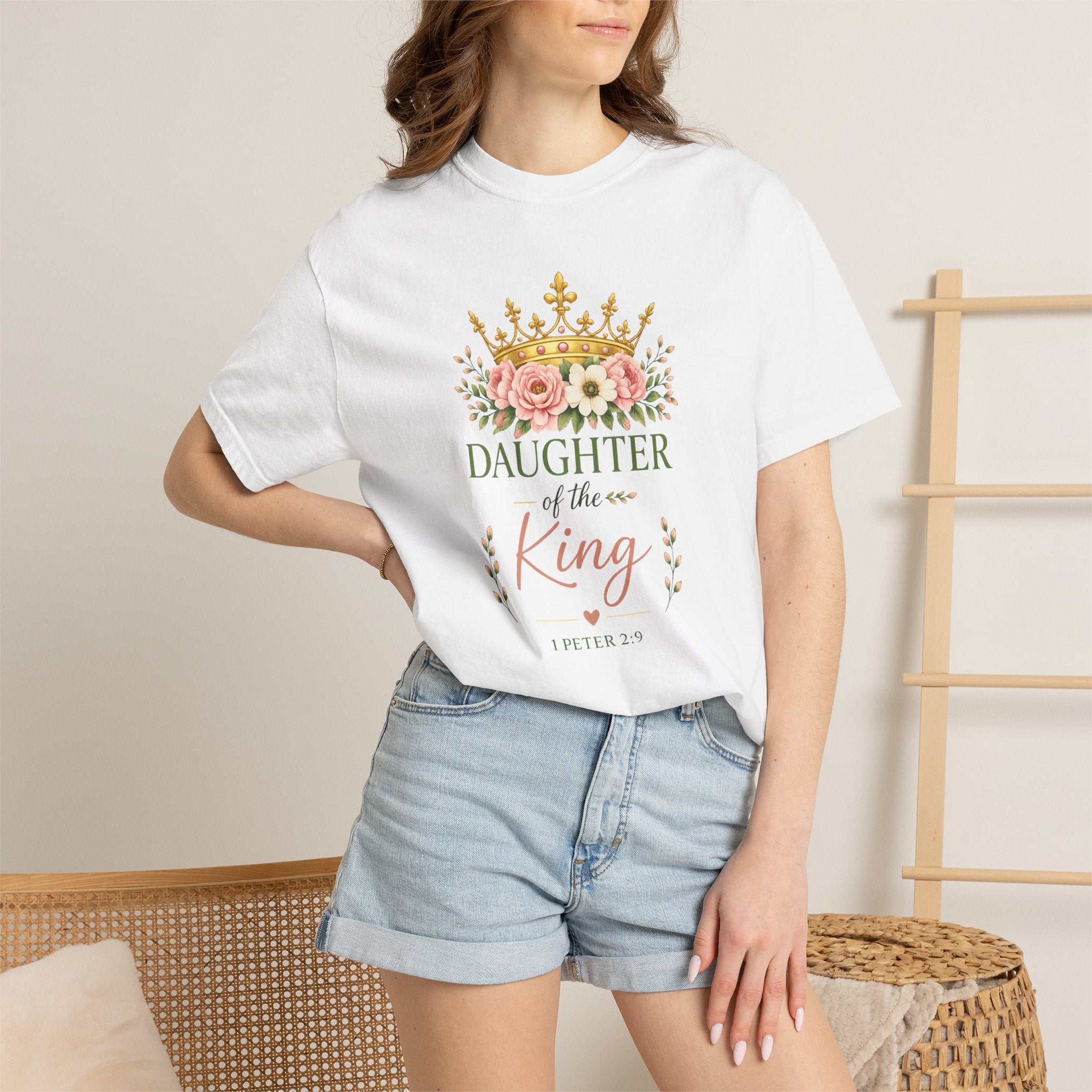 Daughter of the King Comfort Colors® Christian T-Shirt | 1 Peter 2:9 Bible Verse Shirt | Faith-Based Women's Graphic Tee | Floral Crown Christian Gif