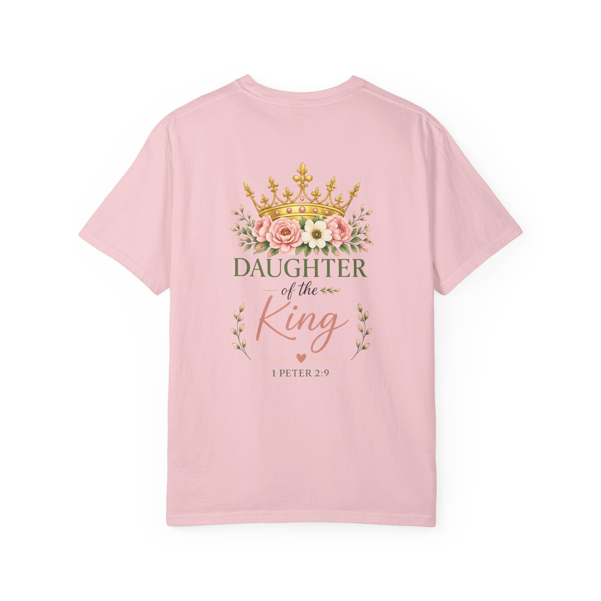 Daughter of the King Comfort Colors® Christian T-Shirt | 1 Peter 2:9 Bible Verse Shirt | Faith-Based Women's Graphic Tee | Floral Crown Christian Gif