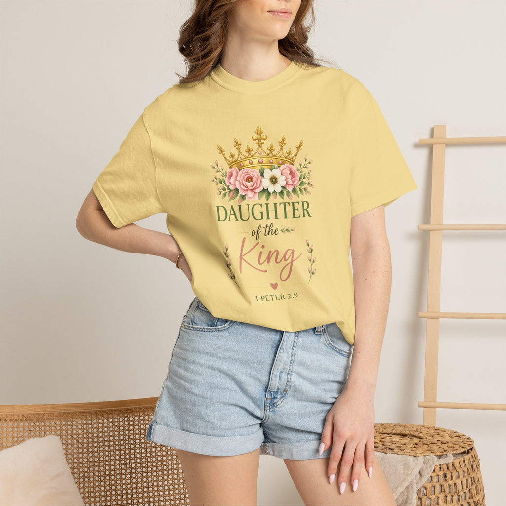 Daughter of the King Comfort Colors® Christian T-Shirt | 1 Peter 2:9 Bible Verse Shirt | Faith-Based Women's Graphic Tee | Floral Crown Christian Gif