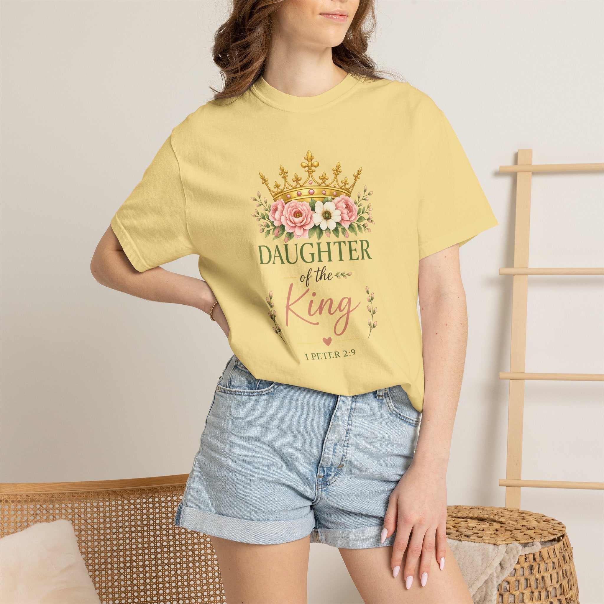 Daughter of the King Comfort Colors® Christian T-Shirt | 1 Peter 2:9 Bible Verse Shirt | Faith-Based Women's Graphic Tee | Floral Crown Christian Gif