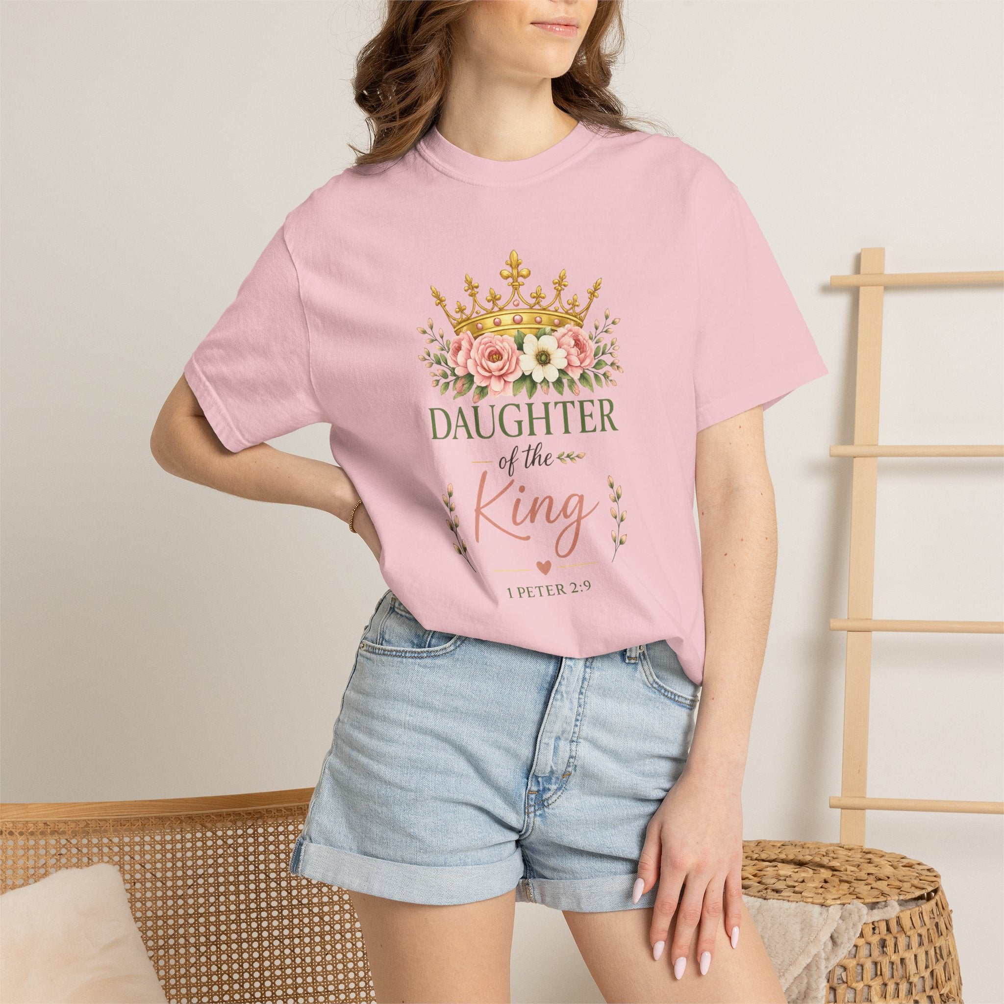 Daughter of the King Comfort Colors® Christian T-Shirt | 1 Peter 2:9 Bible Verse Shirt | Faith-Based Women's Graphic Tee | Floral Crown Christian Gif