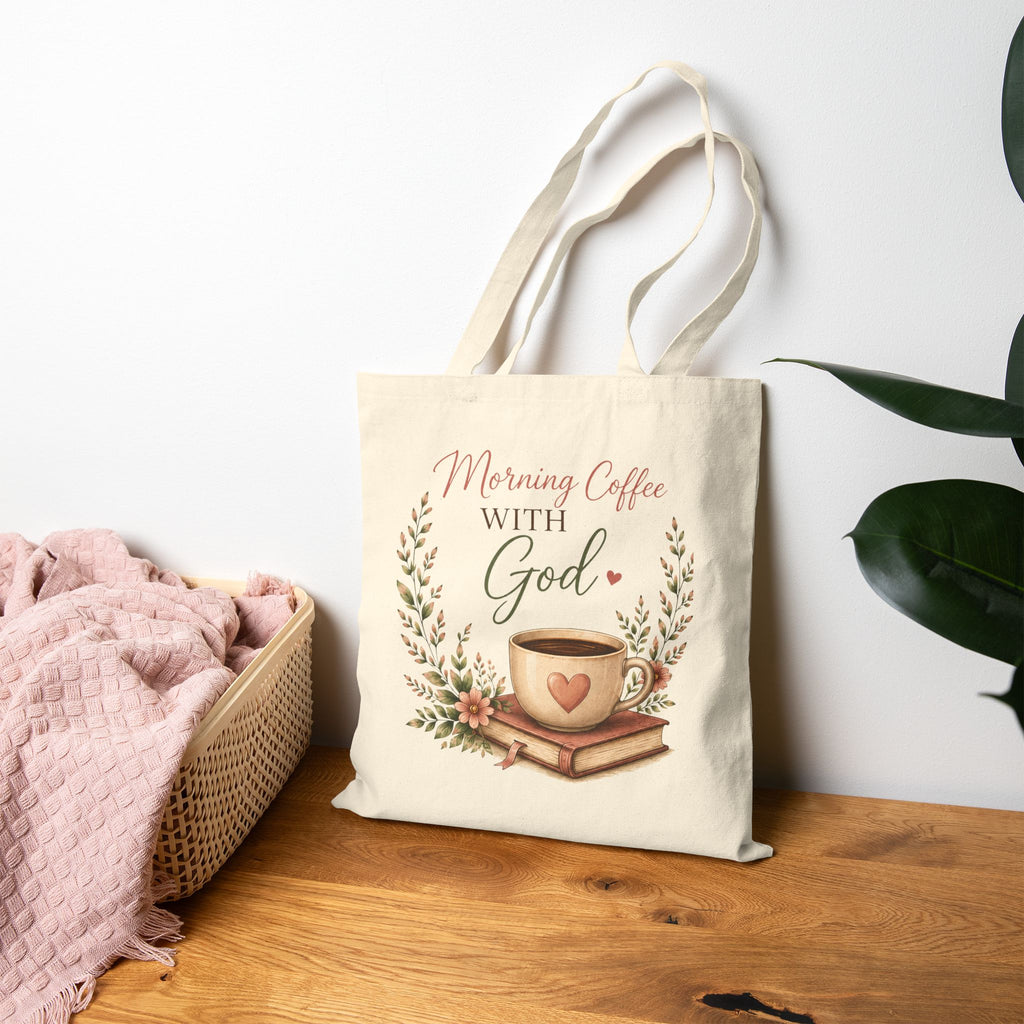 Morning Coffee with God Canvas Tote Bag | Christian Tote Bag | Psalm 5:3 Bible Verse Tote | Faith-Based Gift for Women | Bible Study Bag