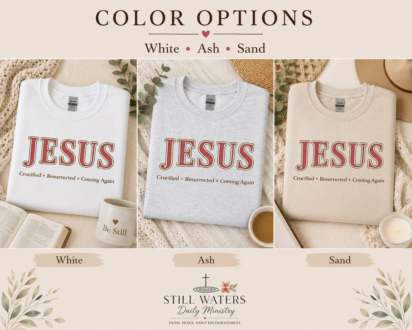 The JESUS Collection Christian Sweatshirt | Cozy Faith-Based Crewneck | Crucified • Resurrected • Coming Again | Christian Gift for Women
