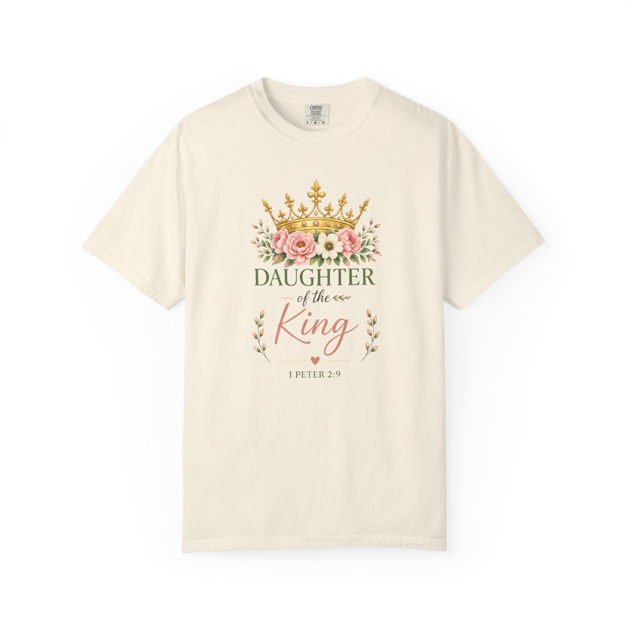 Daughter of the King Comfort Colors® Christian T-Shirt | 1 Peter 2:9 Bible Verse Shirt | Faith-Based Women's Graphic Tee | Floral Crown Christian Gif