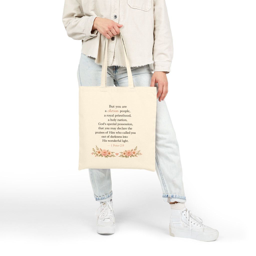 Daughter of the King Christian Tote Bag | 1 Peter 2:9 Floral Canvas Tote | Faith Gift for Women | Bible Verse Reusable Shopping Bag