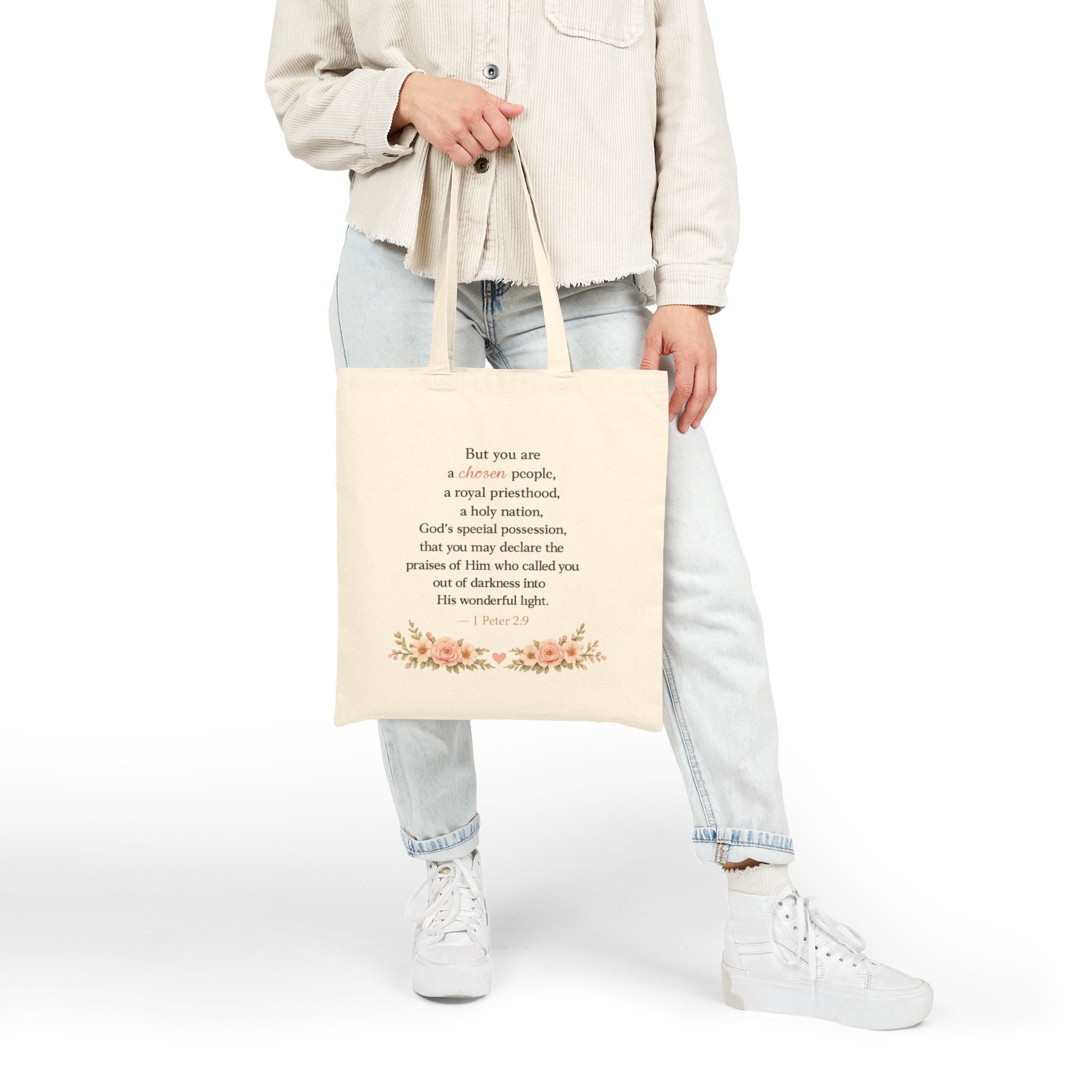 Daughter of the King Christian Tote Bag | 1 Peter 2:9 Floral Canvas Tote | Faith Gift for Women | Bible Verse Reusable Shopping Bag