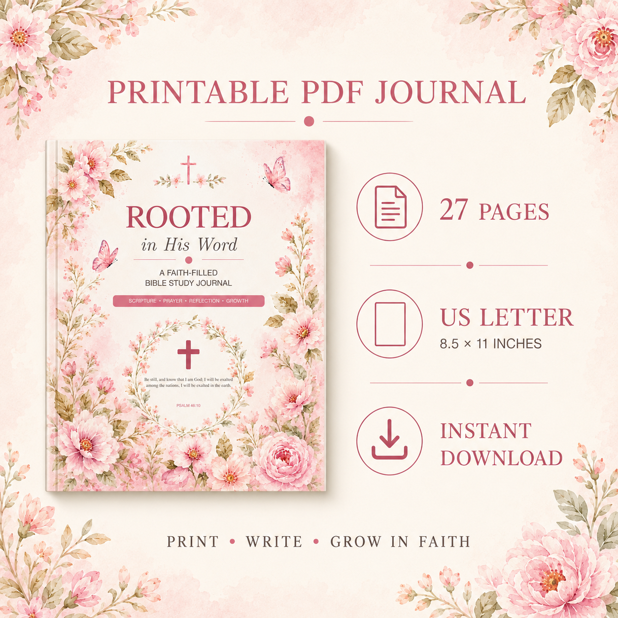 Rooted in His Word Bible Study Journal | Printable Christian Journal PDF