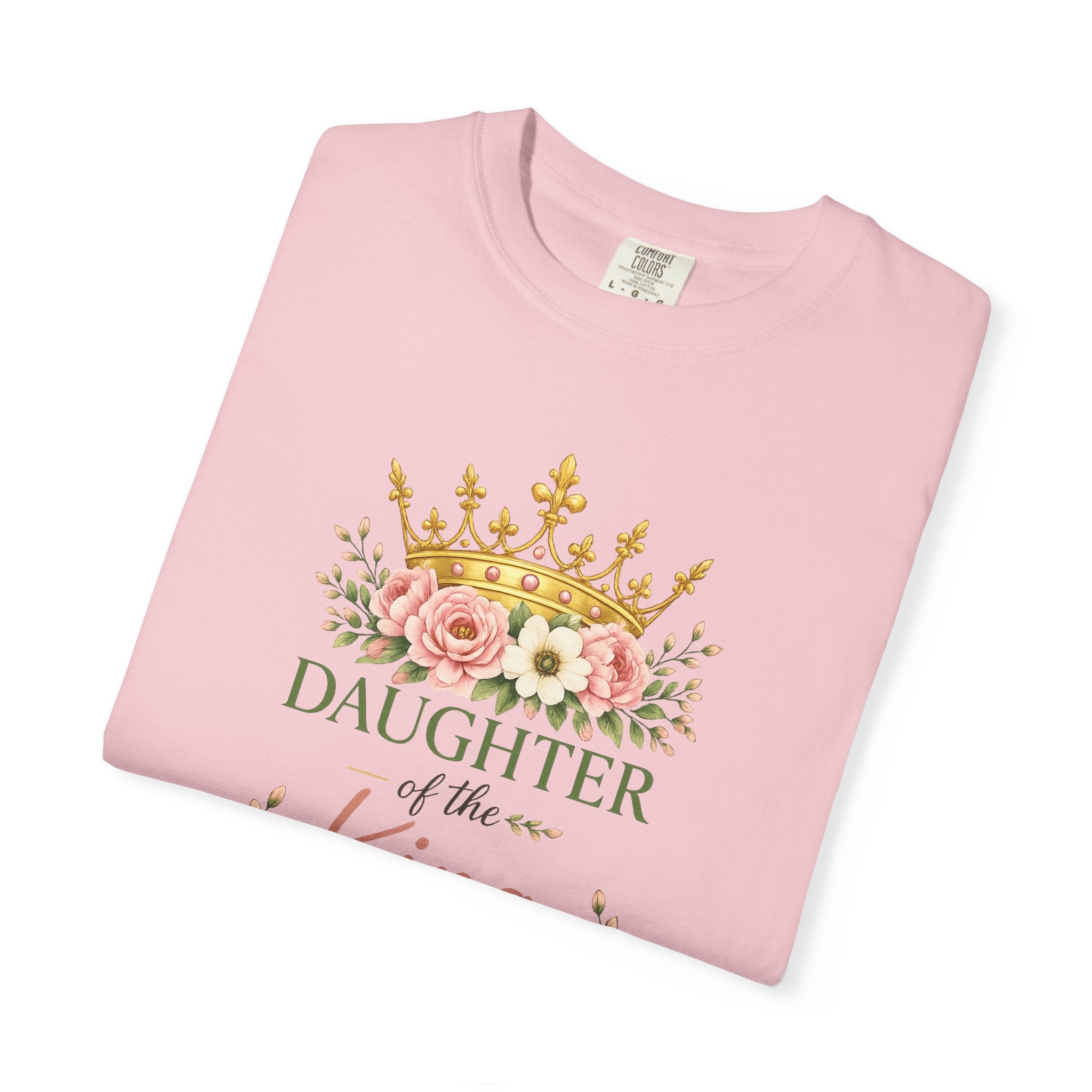 Daughter of the King Comfort Colors® Christian T-Shirt | 1 Peter 2:9 Bible Verse Shirt | Faith-Based Women's Graphic Tee | Floral Crown Christian Gif
