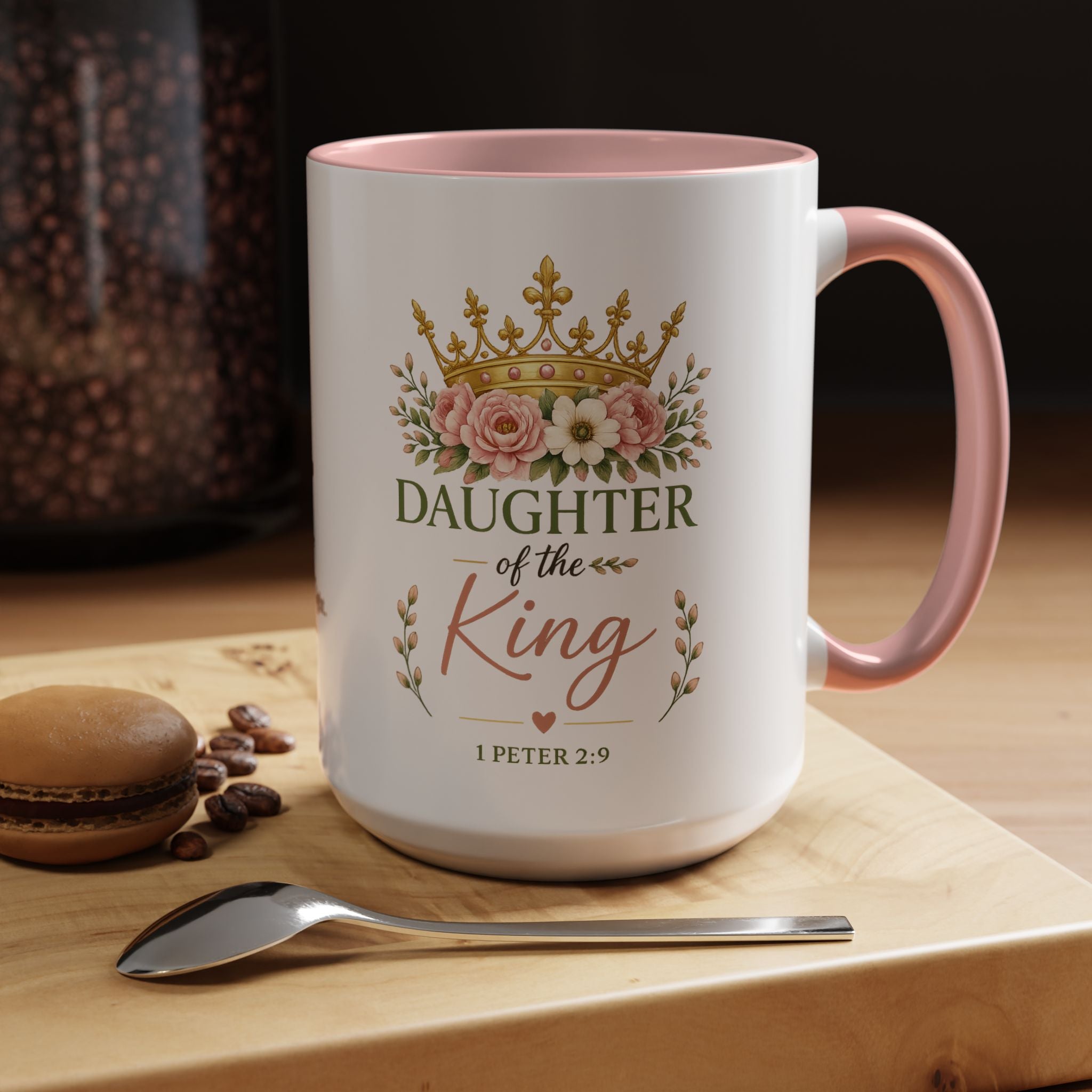 Daughter of the King Accent Coffee Mug | Christian Mug with 1 Peter 2:9 | Faith-Based Gift for Women | Bible Verse Coffee Cup | 11oz & 15oz