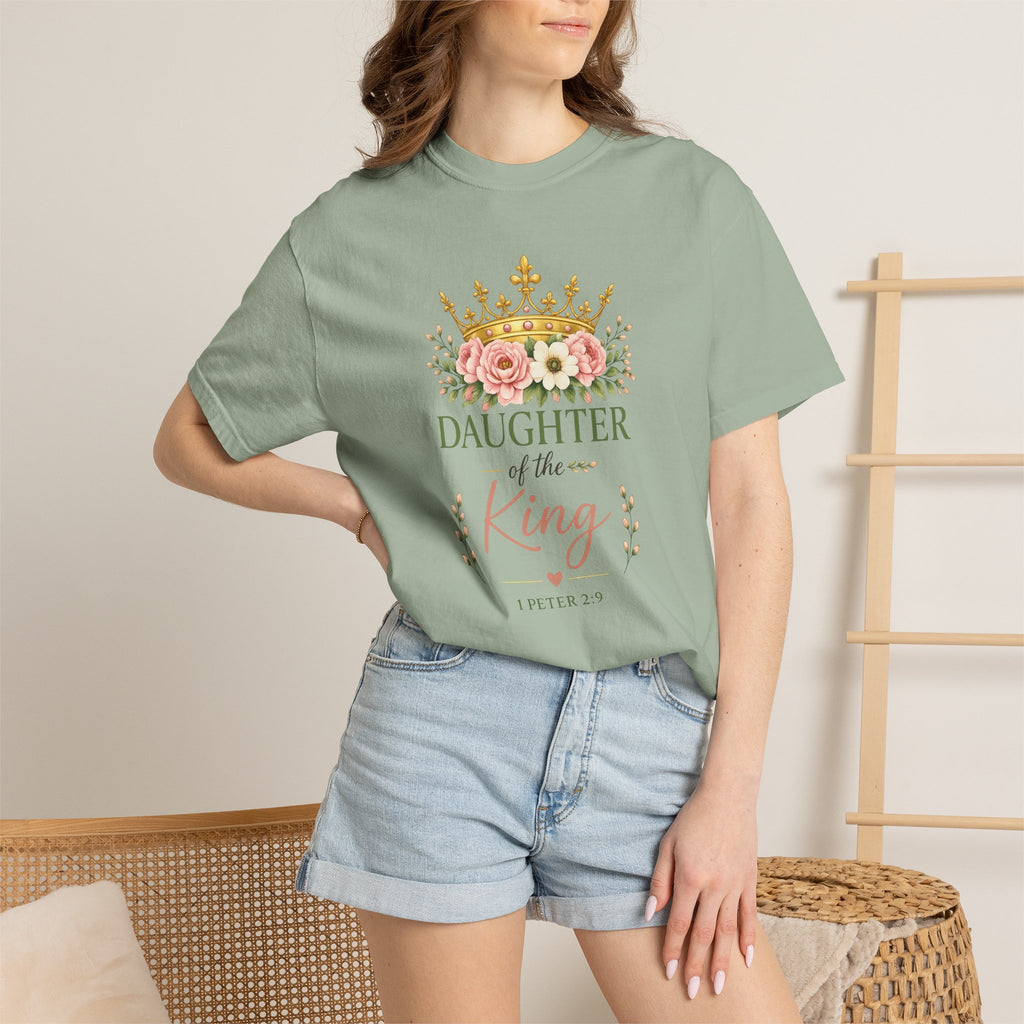 Daughter of the King Comfort Colors® Christian T-Shirt | 1 Peter 2:9 Bible Verse Shirt | Faith-Based Women's Graphic Tee | Floral Crown Christian Gif